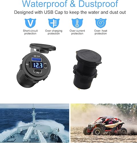 Miniatura 6 de Toma de corriente USB de 12 V, enchufe de cargador de coche USB C dual y puerto de carga rápida 3.0 con voltímetro e interruptor de alimentación