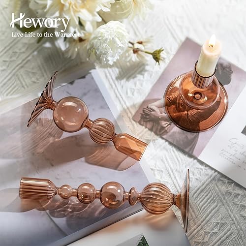 Miniatura 3 de Hewory Juego de candelabros de cristal 3 portavelas marrones para velas a granel, candelabros acanalados de cristal, decoración para centro de mesa,