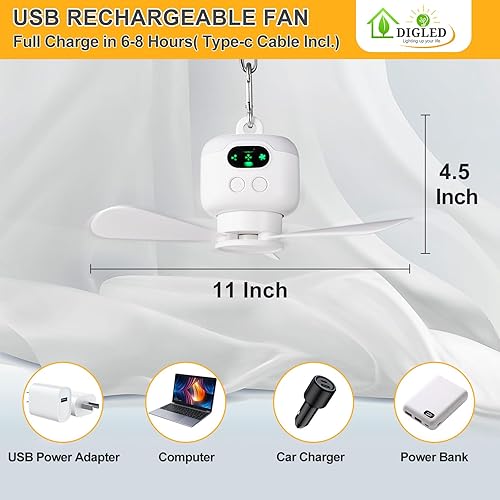 Miniatura 2 de Ventilador de techo a pilas ventilador portátil de 11 pulgadas para tienda de campaña RV con luces, colgante al aire libre, recargable, 8000 mAh,