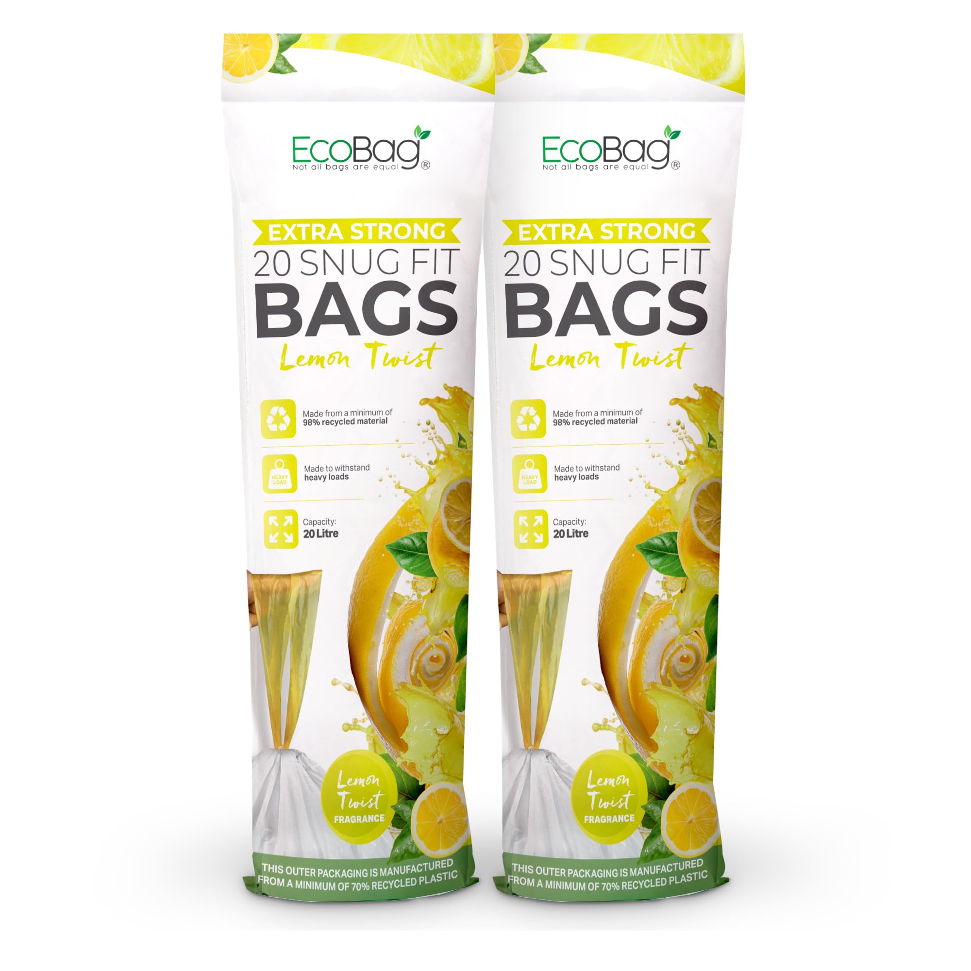 Ecobag Lemon (20L) - Lemon Scented Kitchen Drawstring Bin Liner - 20L - 24 Microns - Heavy Duty, Extra Strong, Brabantia Compatible, Tear Resistant, Fresh Smell (420 X 760Mm) (20L, Pack Of 1 (40 Count))
