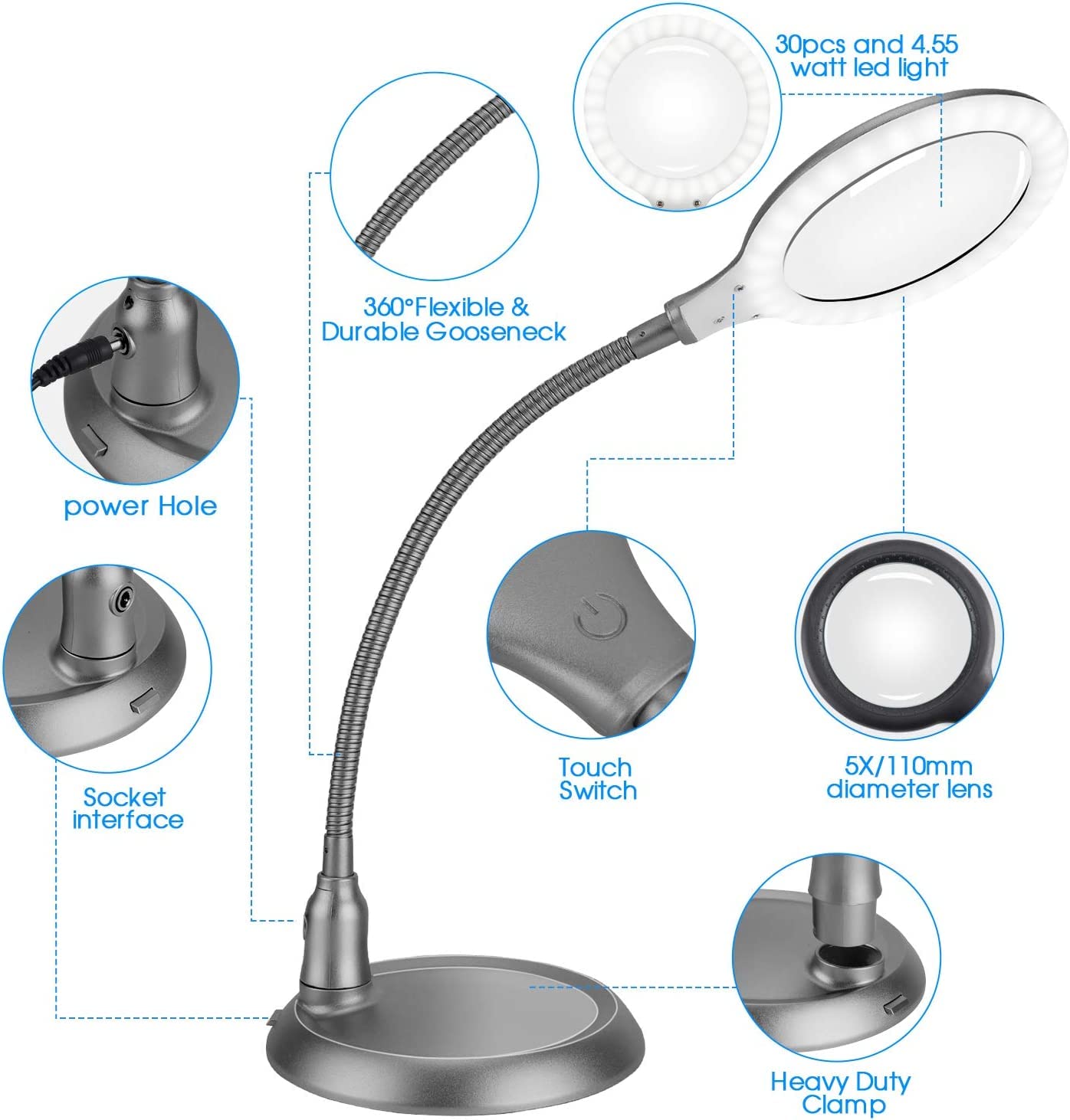 Loupe Avec Lumière 5X ZHSX - Loupe De Lecture Éclairée 30 LED Mains Libres Pour Seniors Et Loisirs