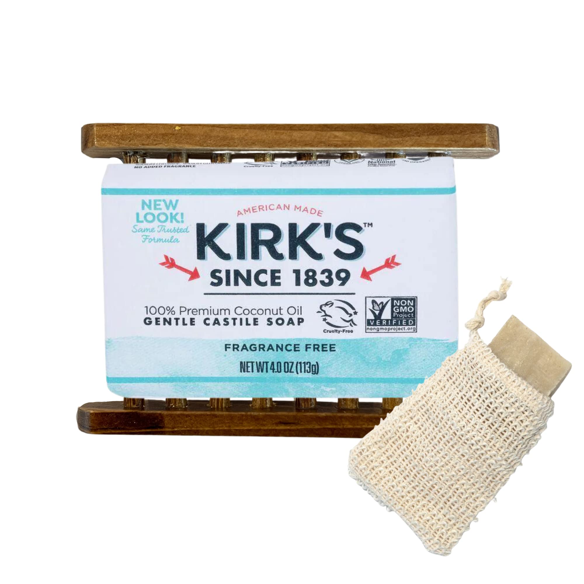 Kirks Pure Castile Soap Premium Coconut Oil Bar Bundle - Includes 1 Kirk's Coco Bath Soap Fragrance Free Bar, Bamboo Natural Soap Holder, Sisal Soap Bag, DIY Laundry Detergent Stain Remover Recipe and Kirk's Clean Tips by Foxtail Collective