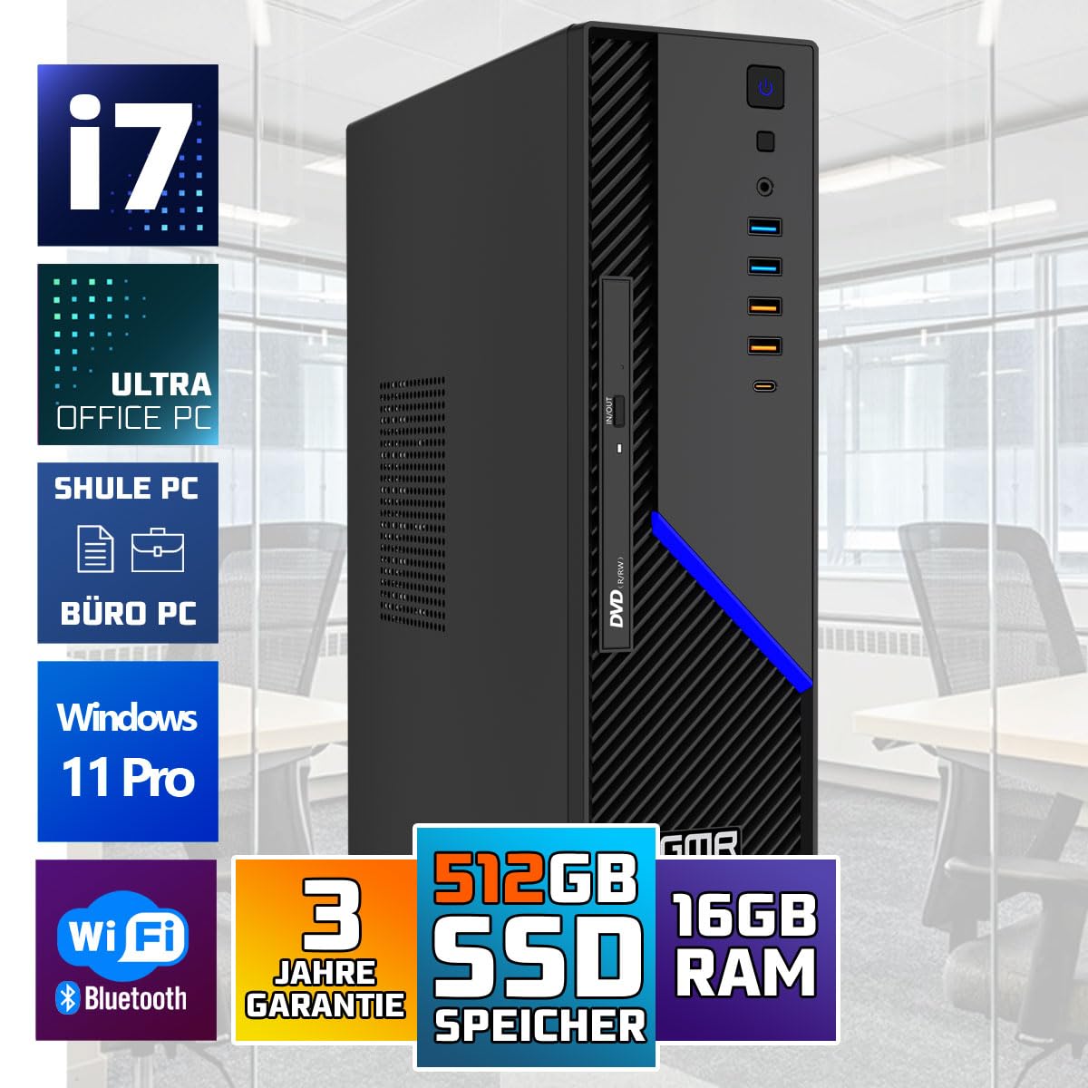 GMR Ultra SFF i7 Office PC - Business Office Computer | 3 Jahre Garantie | 16 GB RAM | 512GB SSD M.2 | DVD±RW | USB 3 | Windows 11 Pro | WiFi-Bluetooth