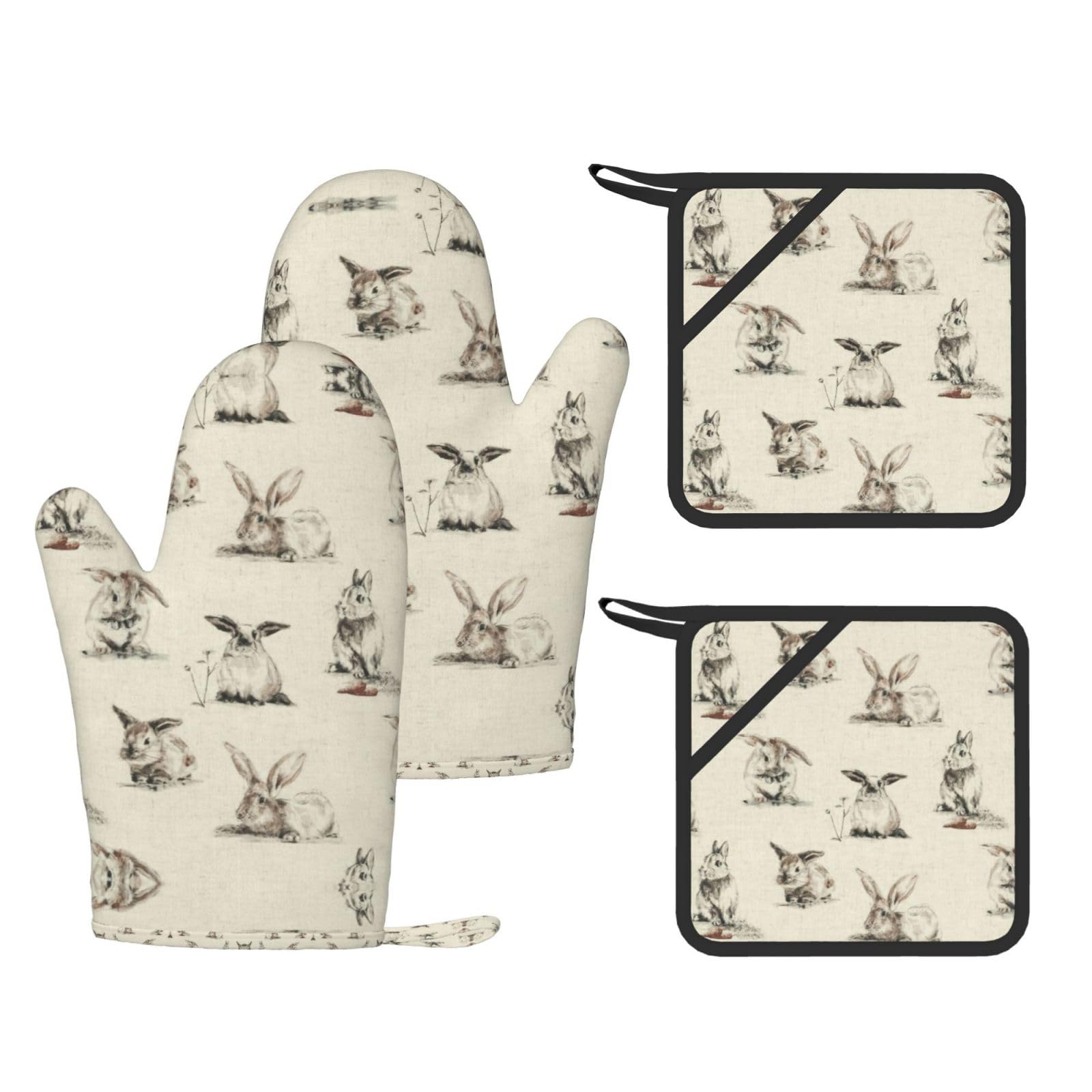 Rabbit background Printed Oven Gloves and Hot Pads Set of 4, High Heat Resistant Silicone Mitts for Cooking BBQ