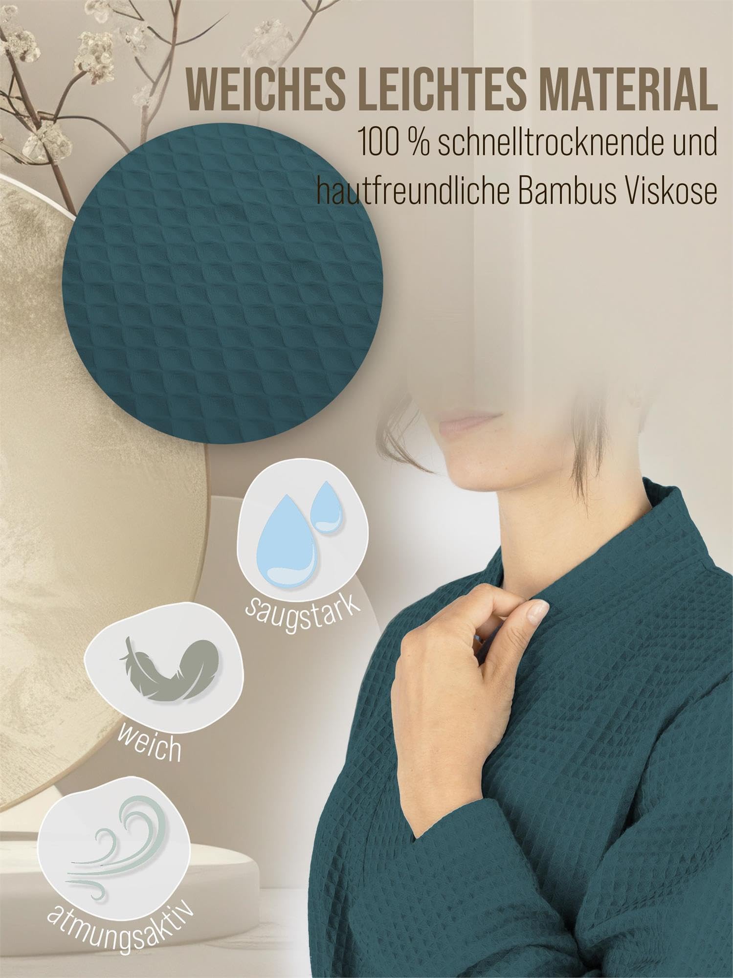 normani Damen Waffel-Bademantel aus 100% (Bambus)-Viskose - leichter Morgenmantel langer Kimono mit Waffeloptik - Sommerbademantel für Frauen