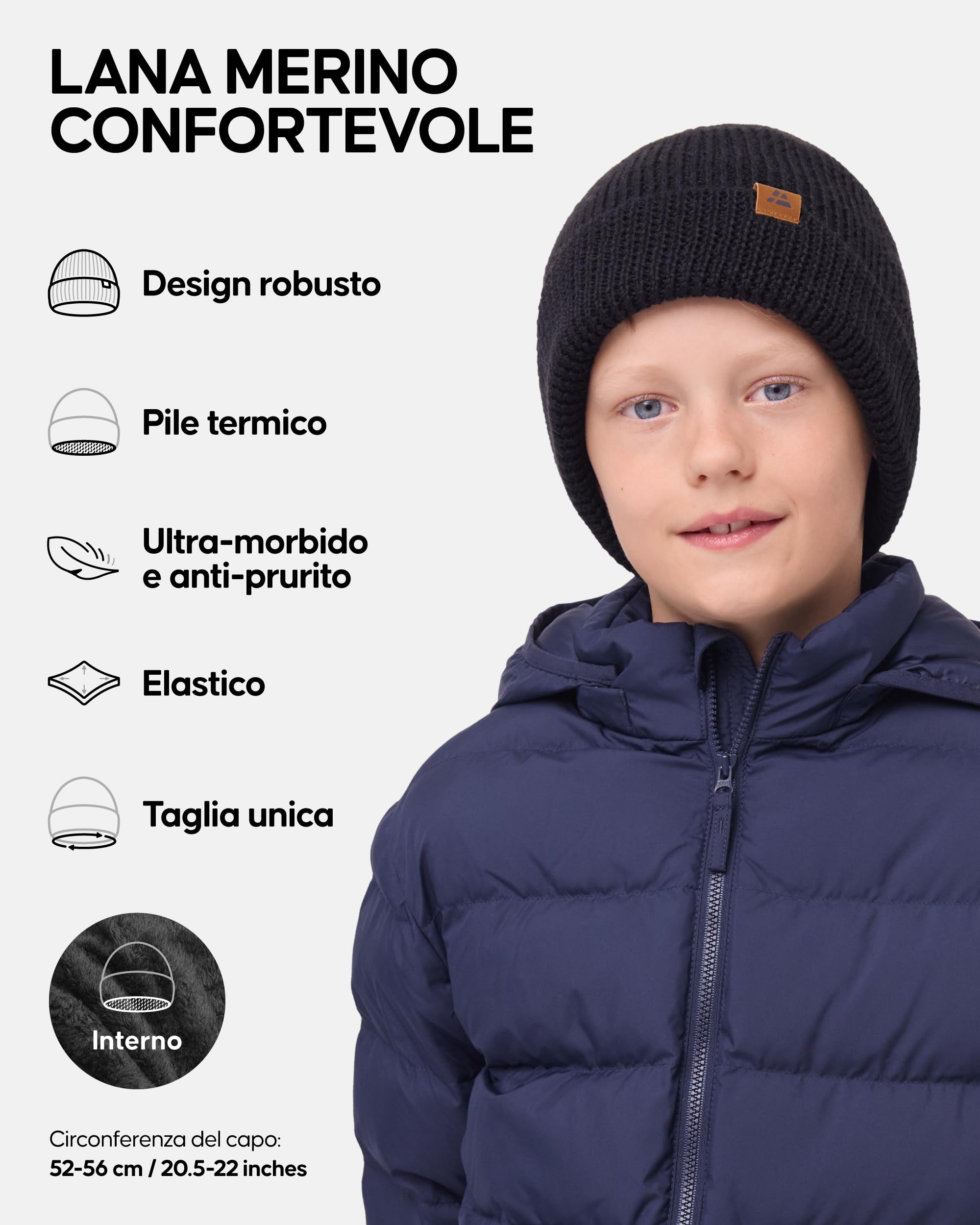 DANISH ENDURANCE Berretto Beanie in Lana Merino e Fodera Pile, Cappello in Maglia, Taglia Unica per Ragazzi e Ragazze, Beanie Invernale, Unisex,