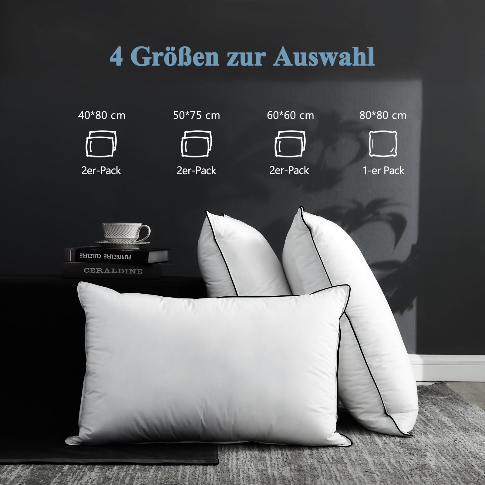 3-Kammer-Kopfkissen mit Daunen-Federn-Füllung 80 x 80 cm (1 Stück) | 100% Bio-Baumwollbezug | Hochwertiges Hotelkopfkissen | Schlafkissen | Mittlere Stützkraft