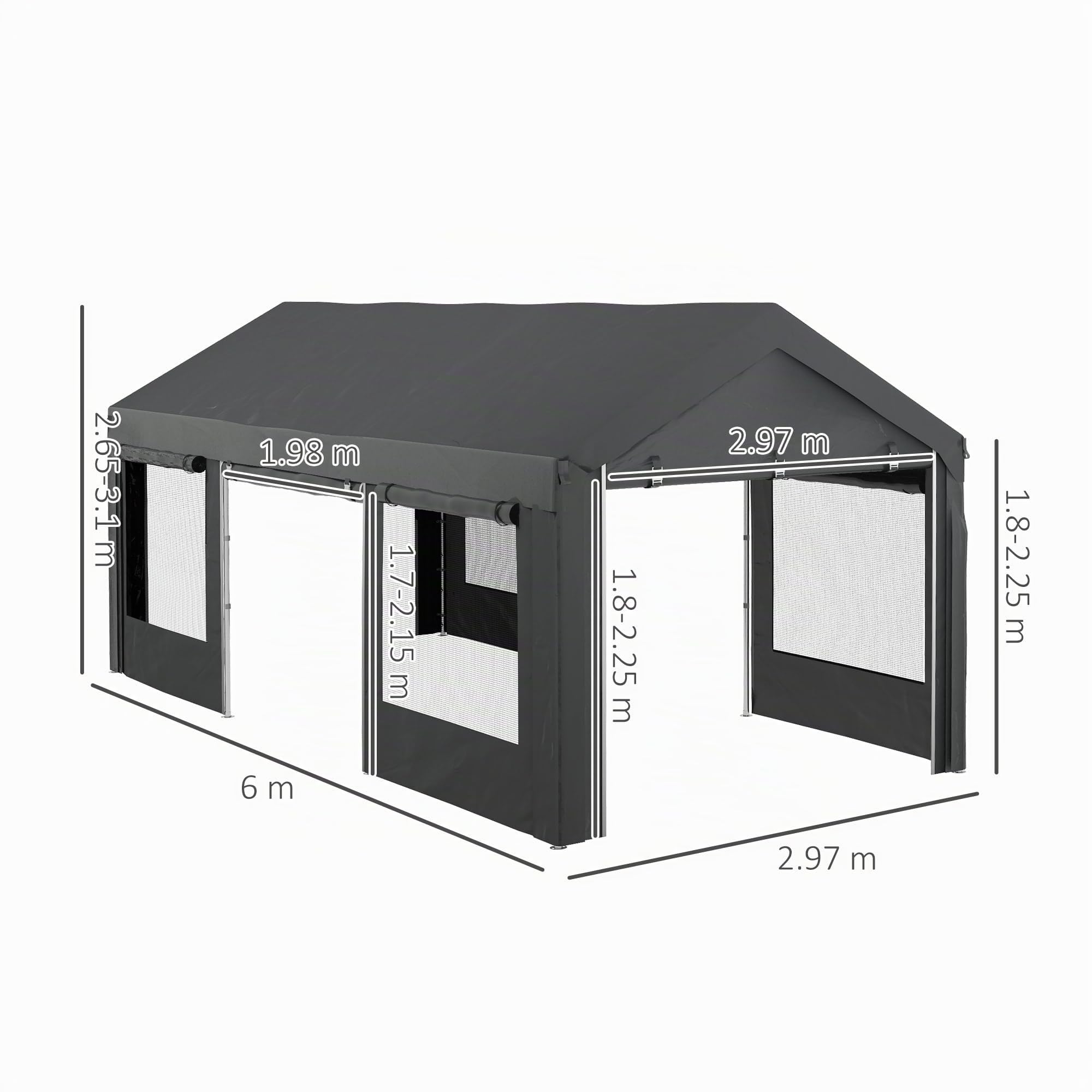 Outsunny Gazebo da Giardino per Auto Carport Regolabile 6x3m Grigio Scuro