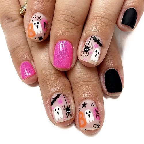 Uñas postizas cuadradas cortas a presión, uñas postizas de Halloween, uñas acrílicas rosas y negras, fantasma, araña, murciélago, diseños de