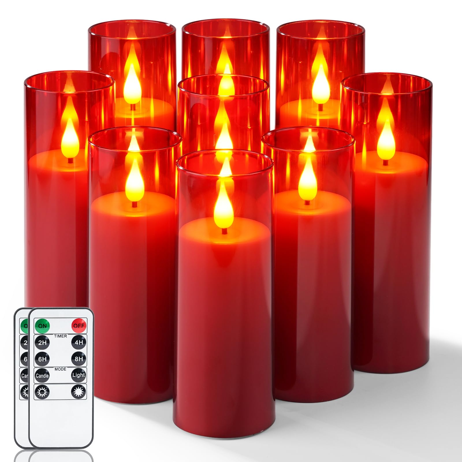 Amagic Christmas Red Flameless Candles, Battery Operated Candles with Remote and Timer, Acrylic Flickering LED Candles for Thanksgiving Decor, D2.2''xH5''6" 7", Set of 9