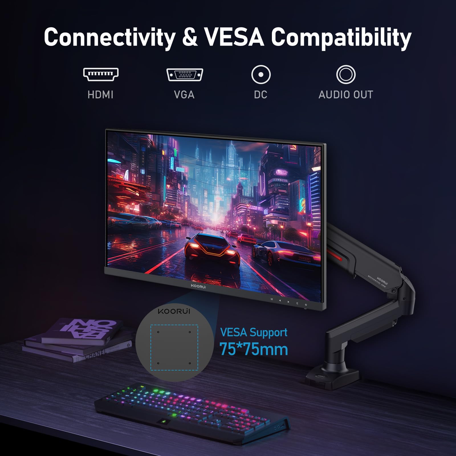 KOORUI Gaming Monitor 24 Pollici, Altoparlanti Incorporati, FHD 1920x1080p, 100Hz, HDMI, VGA, Montabile VESA 75x75 mm, Adaptive Sync, Cura Degli Occhi e Pannelli ultra Sottili, Nero