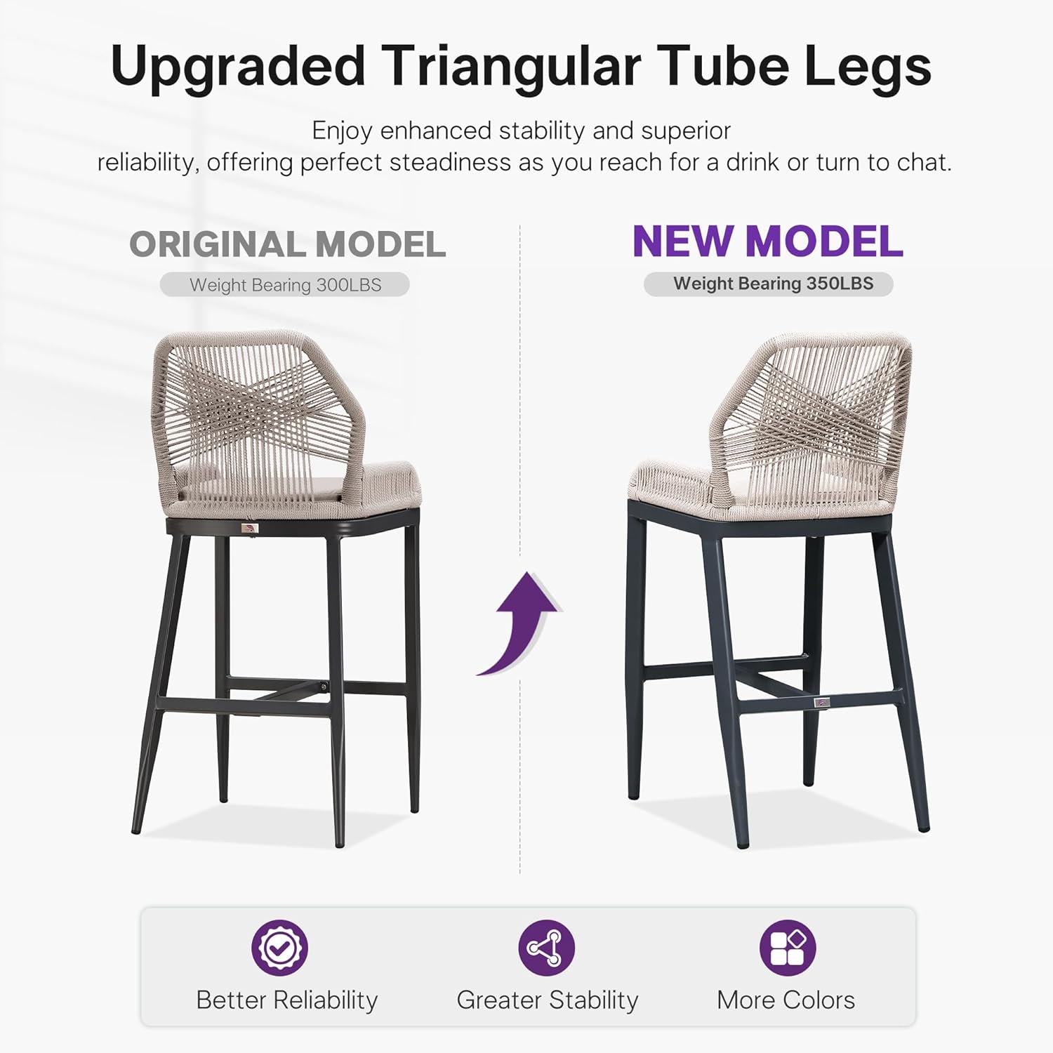 PURPLE LEAF Bar Stools Set of 2 Outdoor Bar Height Metal Stools Modern Wicker Rattan Barstools with Back Aluminum Outside Garden Patio Bar Chairs