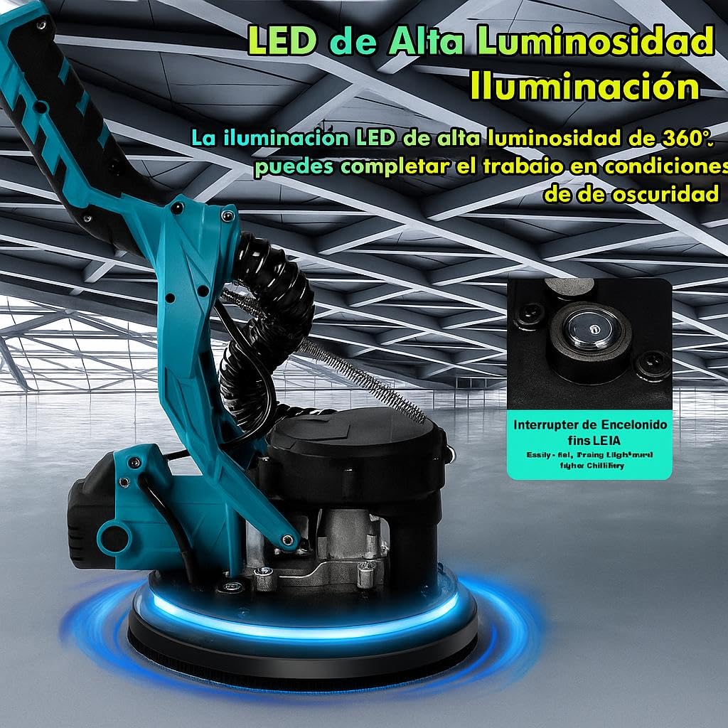 Lijadora Telescópica Pared y Techo 1000W – 6 Velocidades Ajustables, Cabezal Giratorio 100°, Auto-recolección de Polvo 98%, Mango Extensible, Luz LED 360°