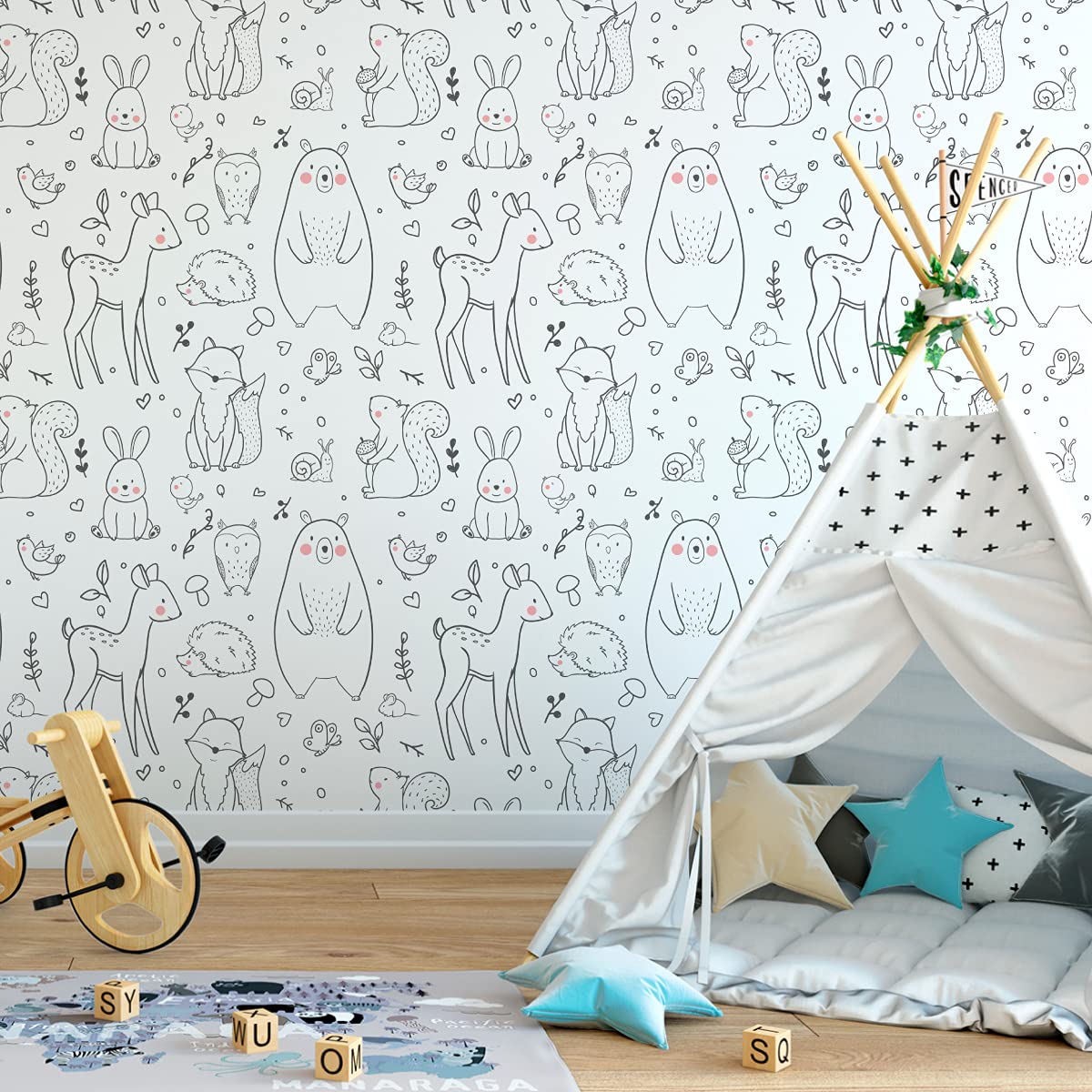 Muralo Tapeta 10 m, tapeta z włókniny, zwierzęta, niedźwiedzie, sarny, lisy, ptaki, las, tapeta z włókniny, 1000 x 53 cm, tapeta ścienna, do salonu, pokoju dziecięcego, nowoczesna dekoracja ścienna
