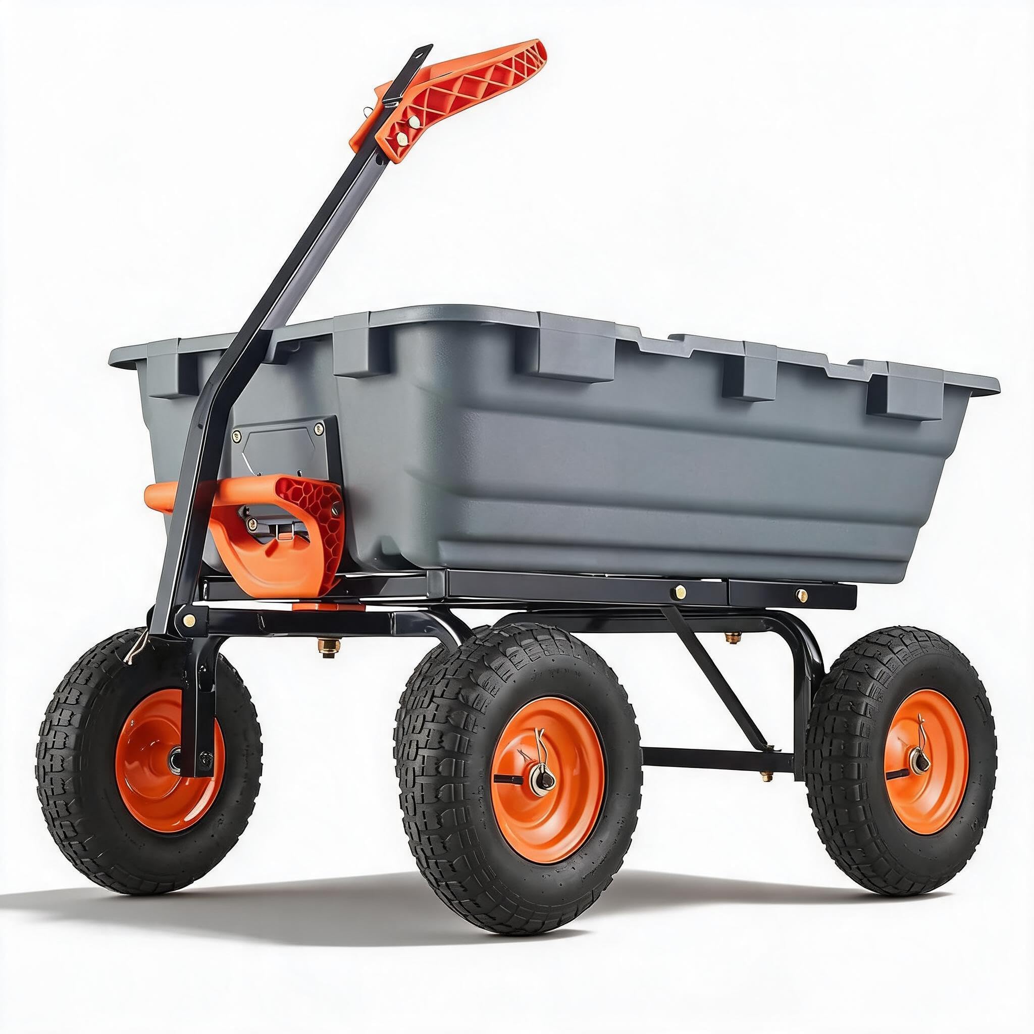 GarveeMore Heavy Duty 900LB Garden Dump Cart Wagon – All-Terrain Utility Wheelbarrow – 4-Wheel Poly Yard Trailer, 10-In Pneumatic Tires, Steel Frame, 180° Rotating Handle, Quick Release – 900 lbs