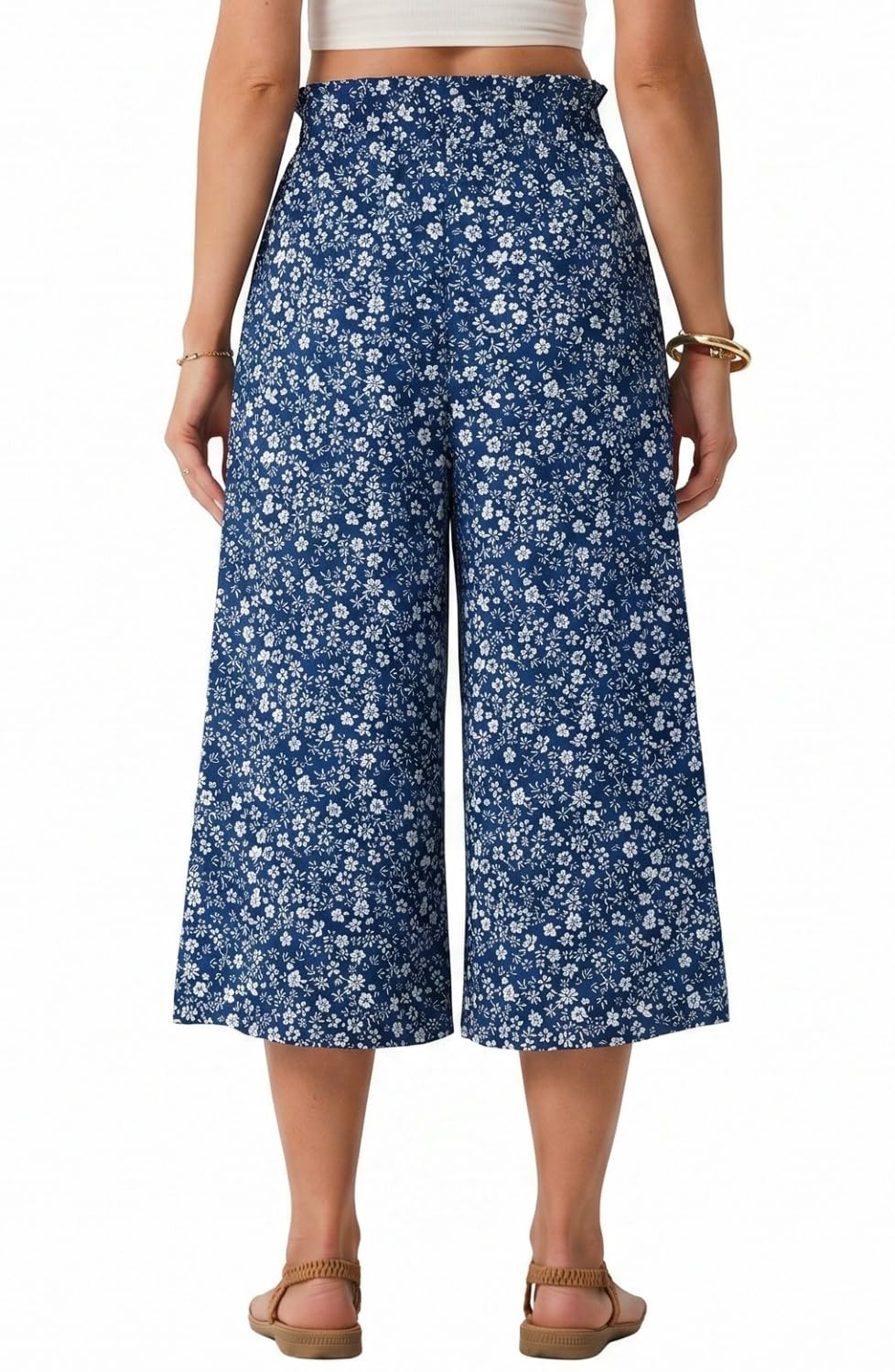 PrinStory Pantaloni estivi da donna, leggeri, a vita alta, casual, palazzo, a gamba larga, con tasche