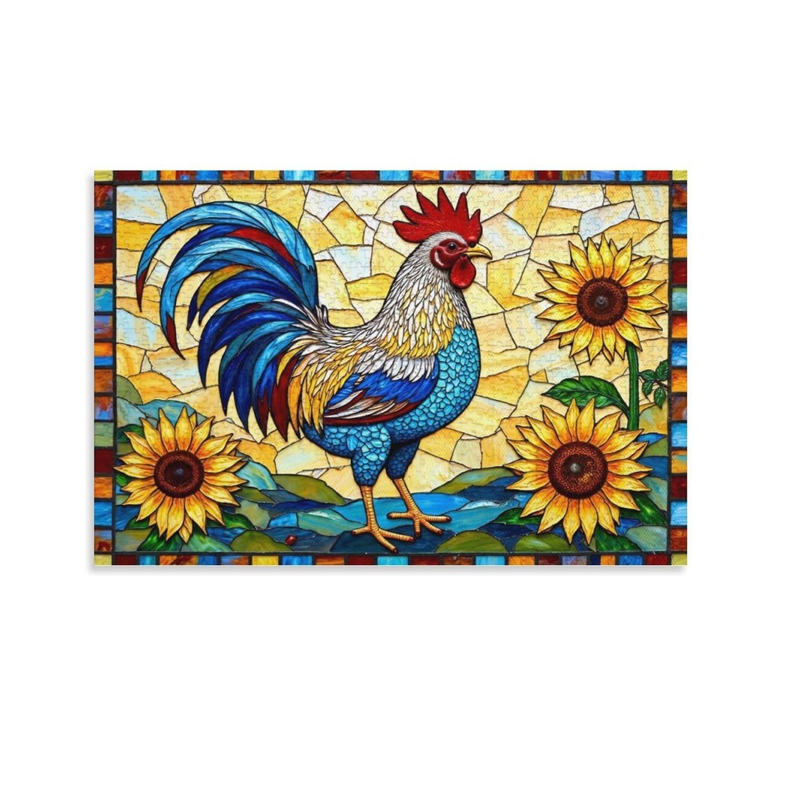 CPLVKWRQJ Stained Glass Rooster Individual Rooster Sunflower Colorful Stained Glass Art Canvas Artwork - Bedroom Canvas Painting Easy to Clean Space Transformer Decor 24x36inch(60x90cm)