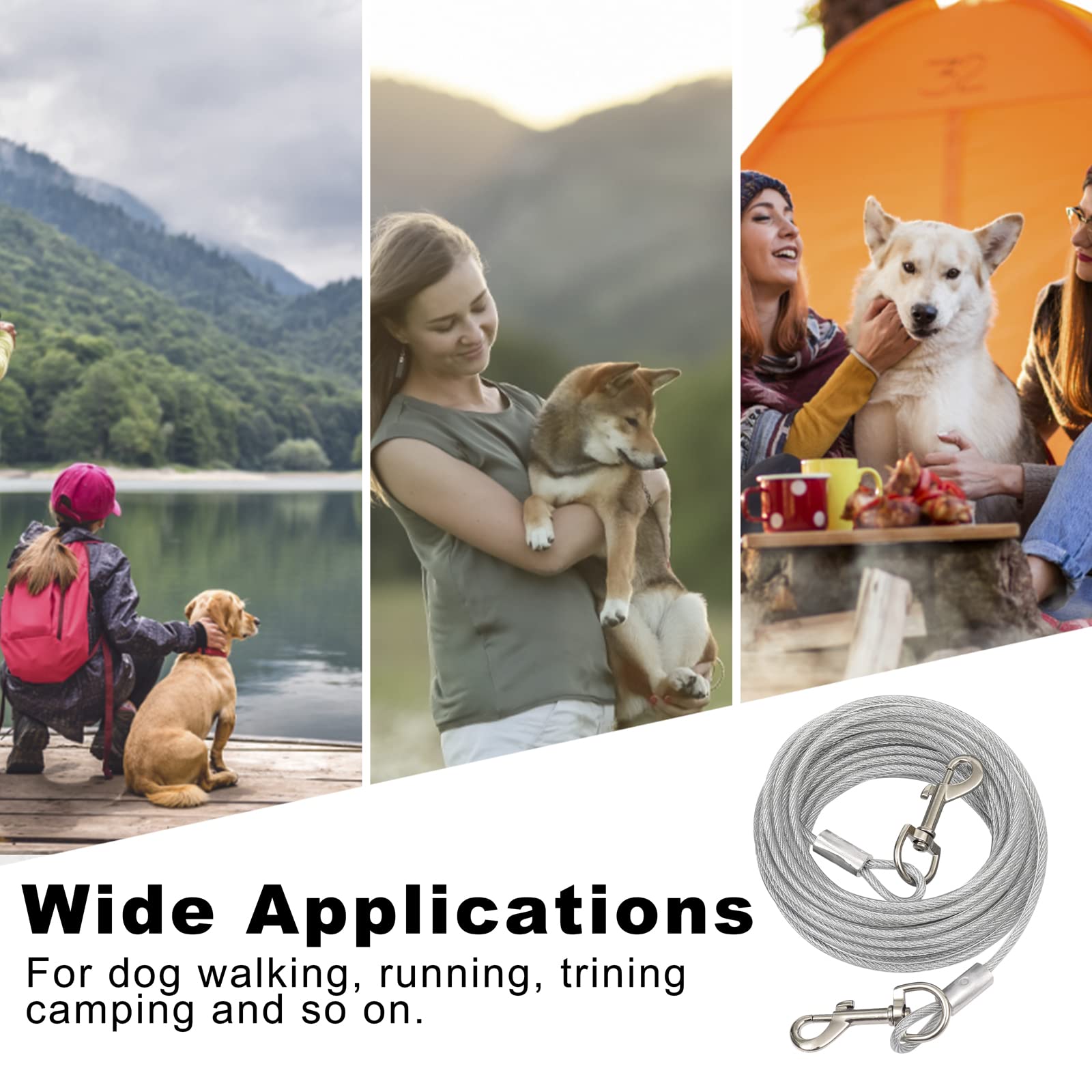 CLKHOWL Dog Tie Out Cable, 32FT Long, Silver, Up to 125Ibs, Heavy Duty Dog Lead Line for Outdoor, Yard, Camping 3