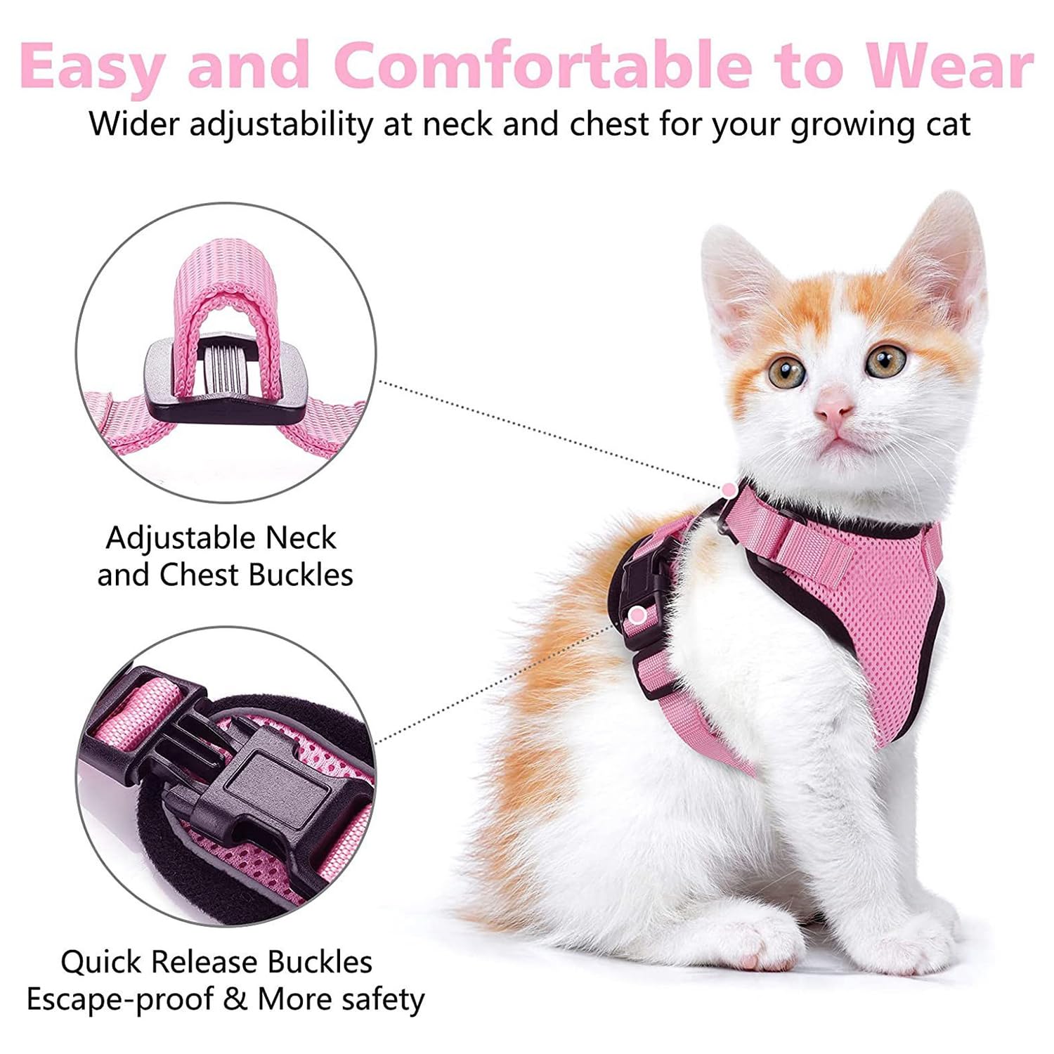 Cat Harness Mesh Traspirante Regolabile Riflettente Guinzaglio per Gatti Cuccioli (S, Rosa)