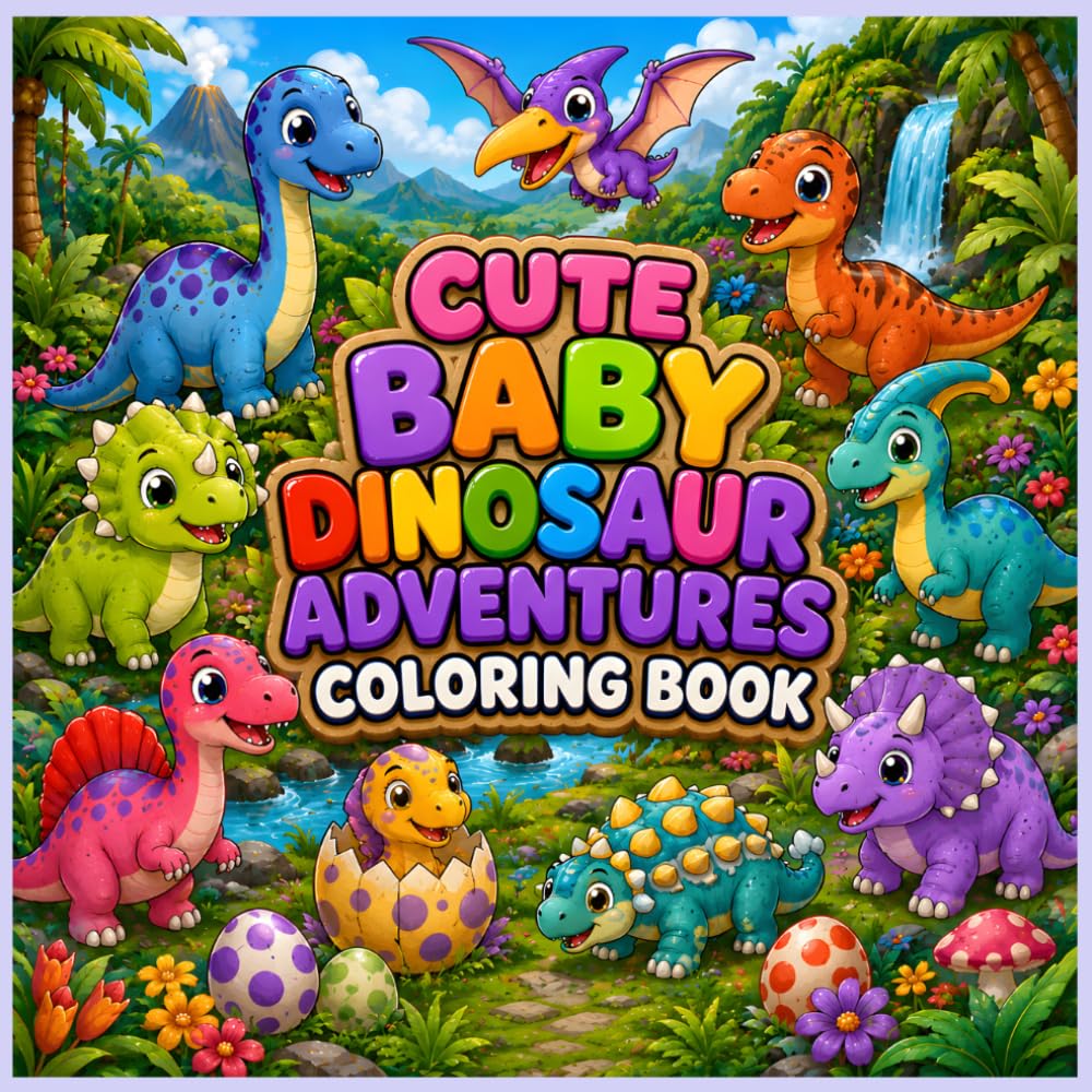 Cute Baby Dinosaur Adventures Coloring Book: Fun and Easy Coloring Pages for Kids Ages 3–7