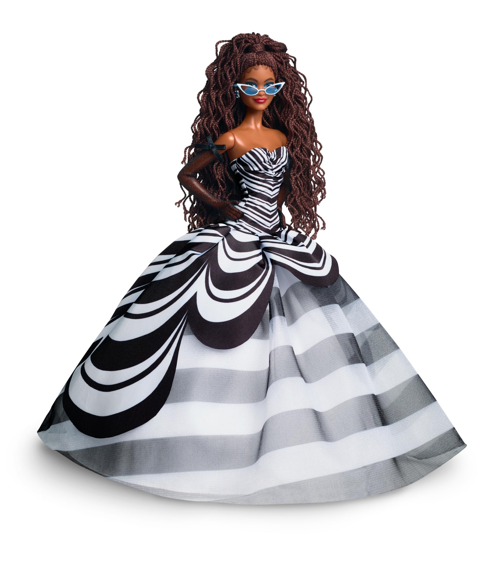 Barbie Signature 65 Aniversario Muñeca Morena con Vestido de Rayas Blancas y Negras de Gala, Juguete de colección (Mattel HRM59)
