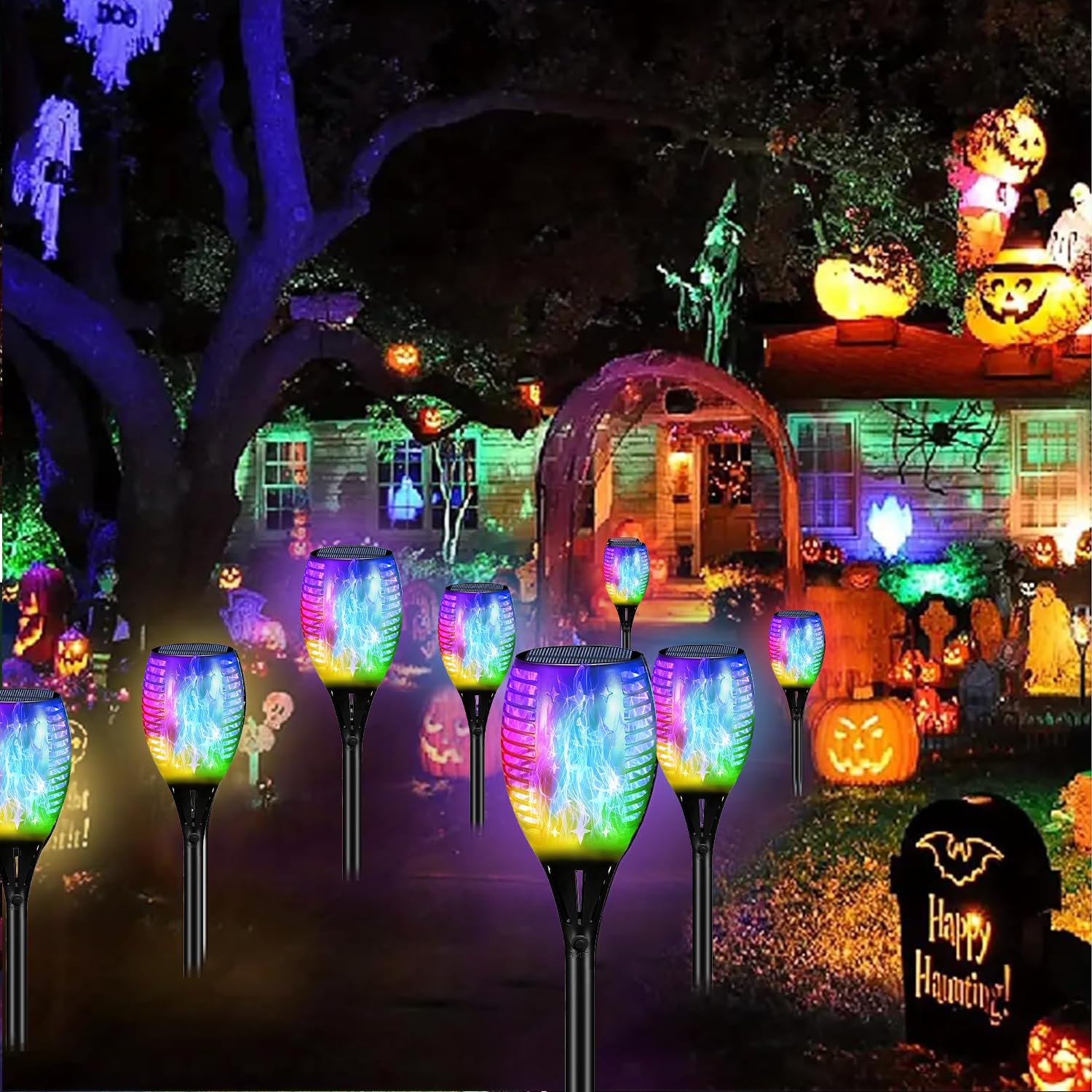 YoungPower Decorazioni di Halloween per esterni, 109,2 cm, 96 LED viola, luci solari per Halloween, luci RGB per esterni con fiamma tremolante, decorazione di Halloween, decorazione di Halloween per