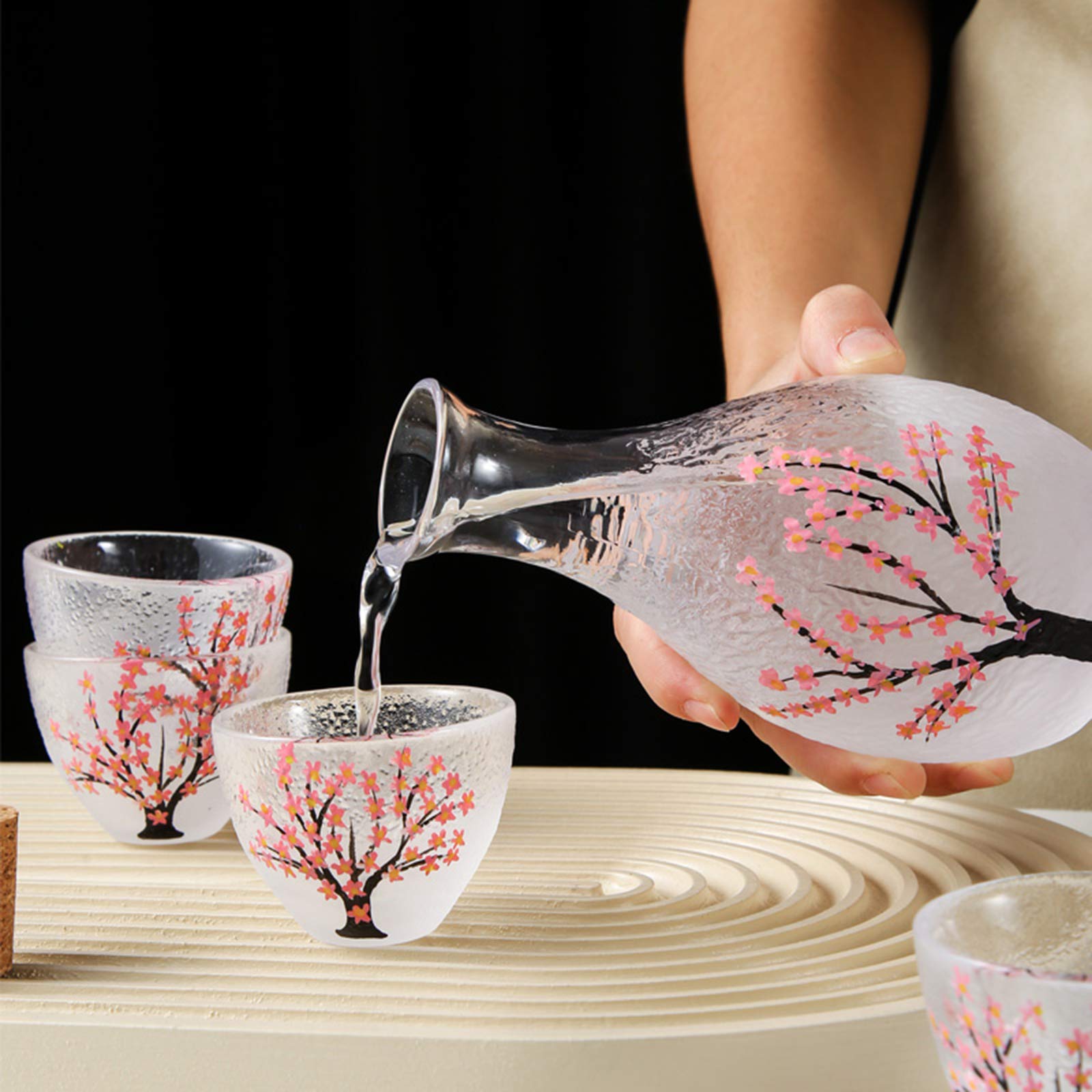 LTLWSH Verre Service à Saké Japonais Verre Tasses Crafts Verres à vin Hot Service à saké Japonais avec Plus Chaud, Tasses et Carafe,with Shelf,300ml