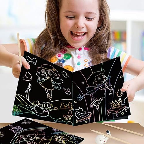 Miniatura 5 de Juego de 2 libros de arte mágico para rascar para niños, unicornios y princesas, juego de 2 piezas de papel mágico arcoíris para manualidades de