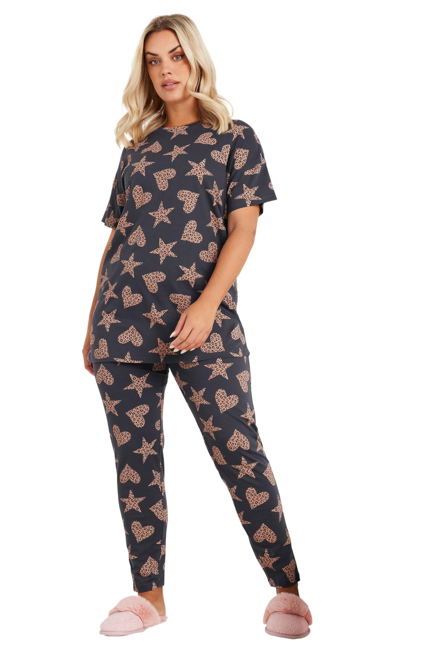 Yours Curve Leopard Print Pyjama Set - Women's - Plus Size Curve Grey