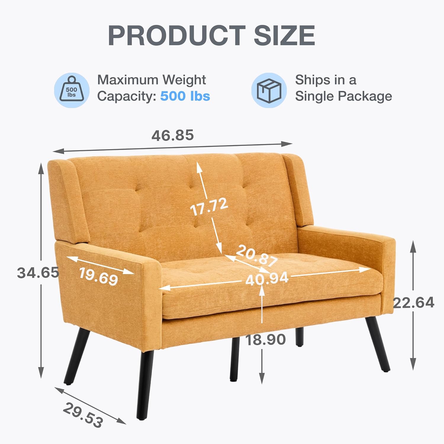 Mid-Century 47" Small Loveseat Sofa, Plush Linen Fabric with Button Tufted High Back and Solid Wood Legs, for Apartment Living Room, Bedroom, Home Office (Yellow, 2-Seater)
