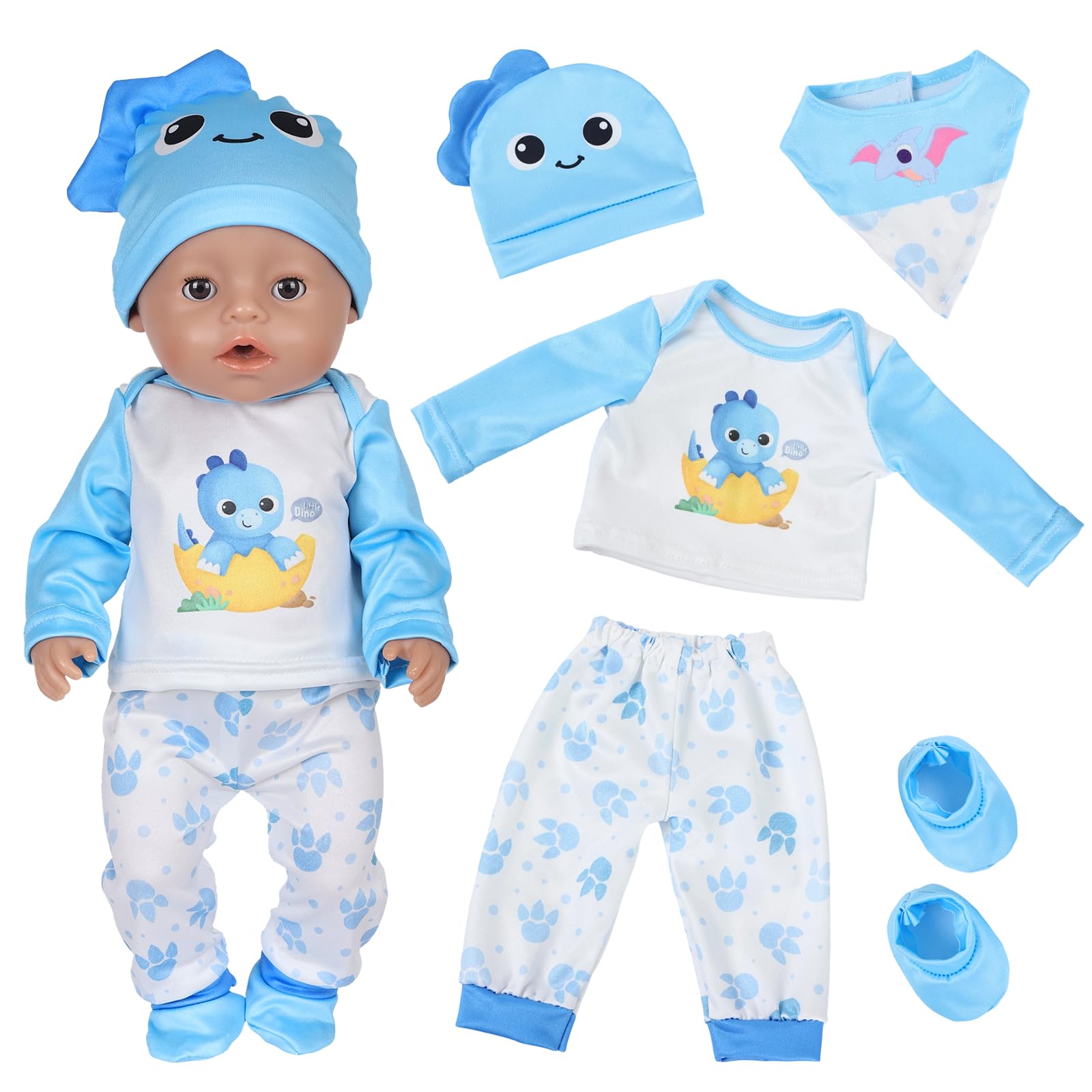5 Stück Baby Puppenkleidung für 35-45 cm Babypuppen, Dinosaurier Puppenkleidung mit Langärmeliges Hemd Hose Latzhose Mütze Socken 12-18 Zoll Puppenkleidungsset Puppenzubehör für Kinder Mädchen Jungen