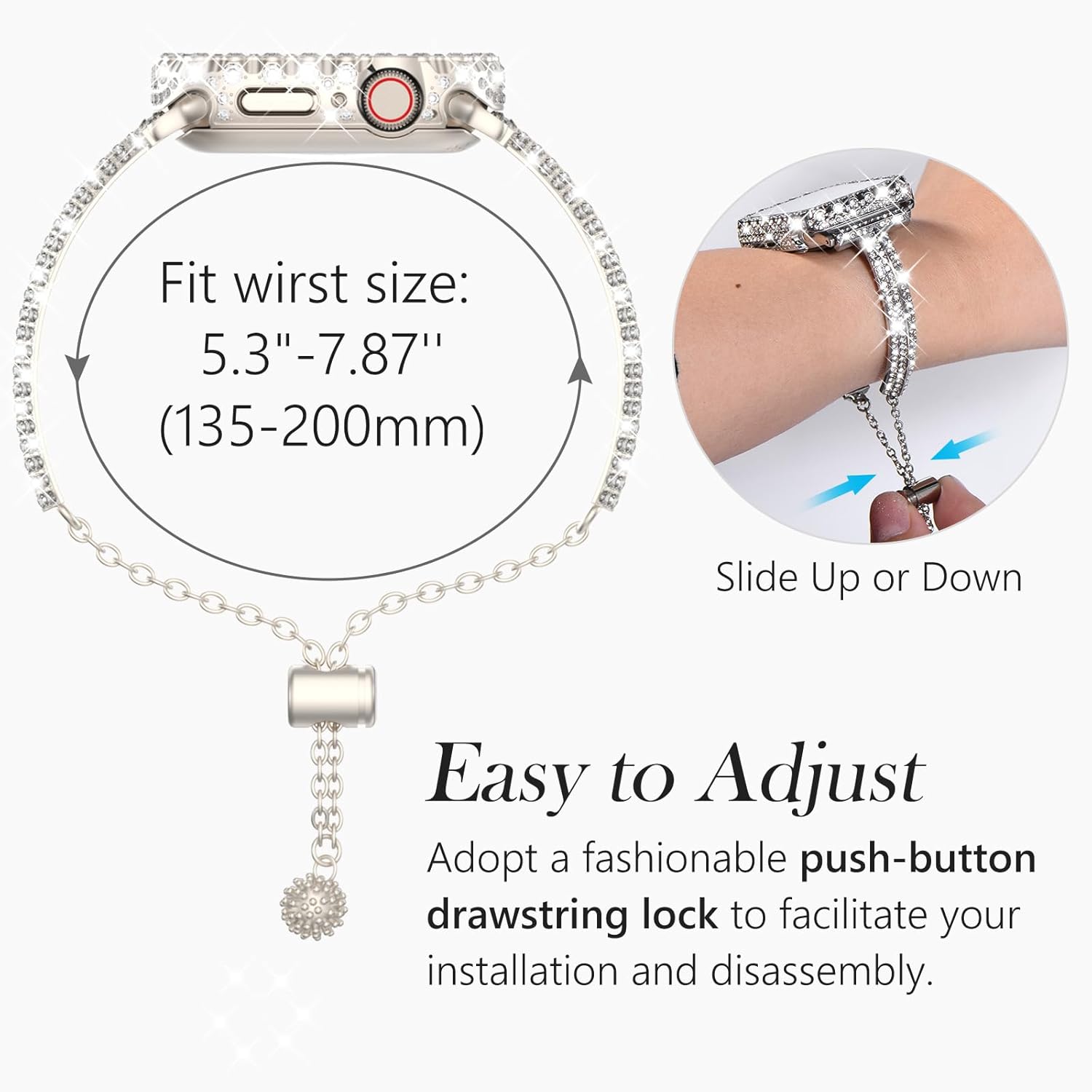 WINGLE Bling Band for Apple Watch Bands Women 38mm 40mm 41mm 42mm 46mm 45mm 44mm 42mm SE 3/2/1 Series 11 10 9 8 7 6 5 4 3 2 1, Diamond Rhinestone Bracelet with Waterproof Glitter Case Lace Edge Cover - Image 4