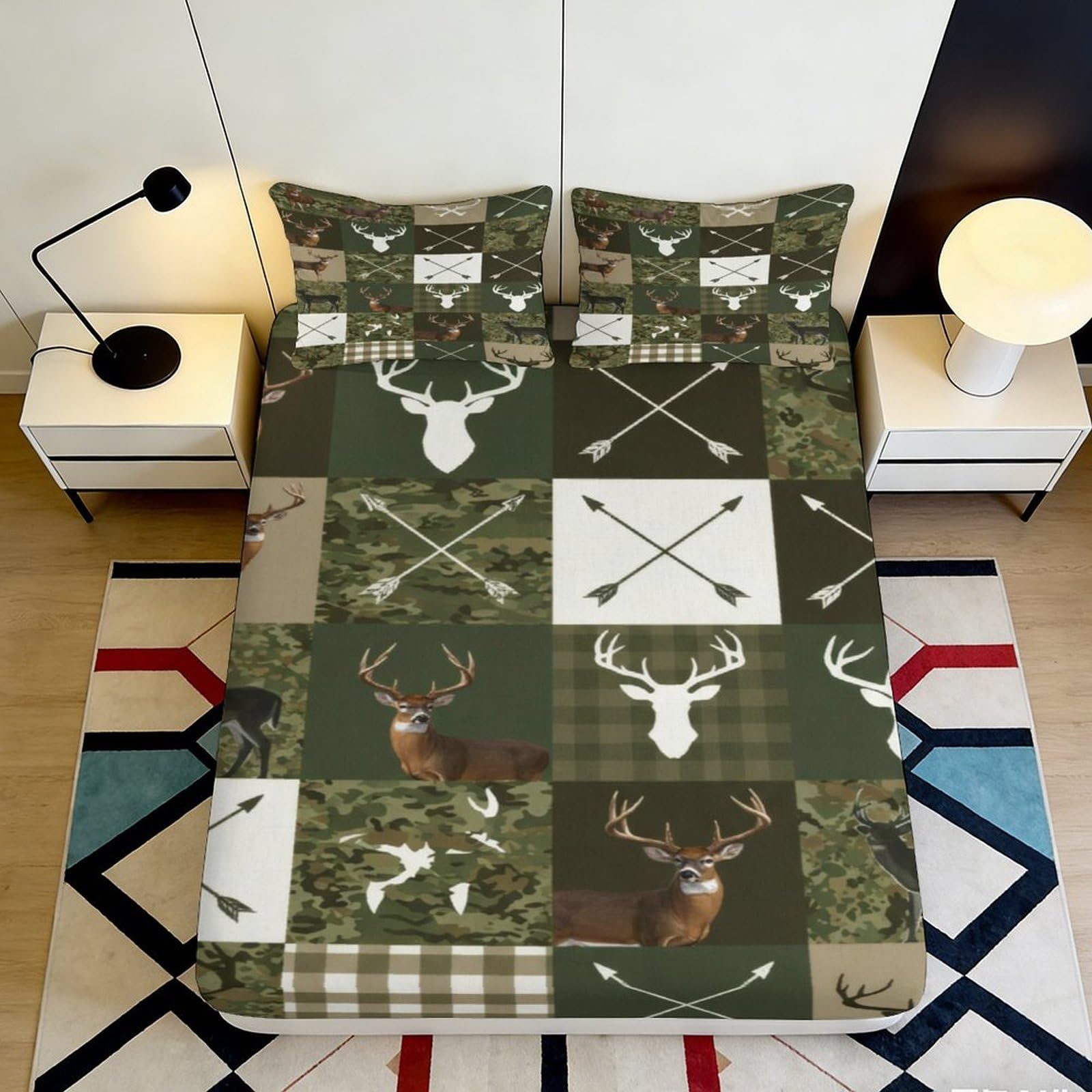 Jqzkxnhpbr Style-4 3D Printed Forest Deer Fitted Sheet Microfiber Soft Green Antlers Bed Cover For Bedroom Guestroom Dorm Mattress Decor 90X200x25cm