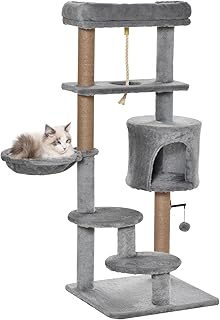 PawHut Cat Tree, 47 Inches Multi-Level Cat Tower with Scratching Post, Hammock, Cat Condo, Perch, Toy Ball, Tall Cat Tree for Indoor Cat, Grey