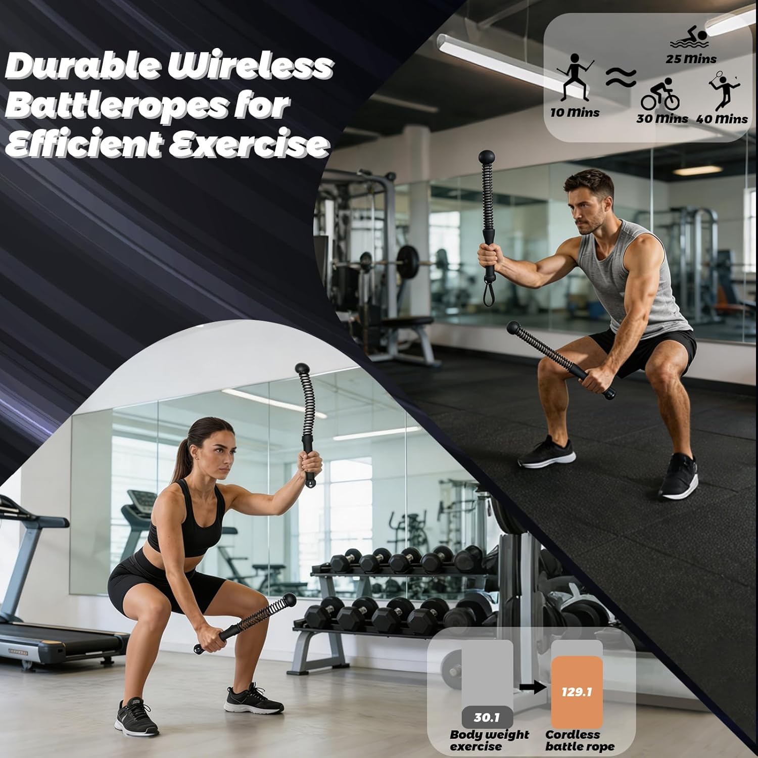 Weighted Ropeless Battle Ropes - Heavy Duty Cordless Workout Ropes with Non-Slip Spiral Handles | Portable Home Gym Equipment for HIIT, Strength Training & Cardio | Men & Women