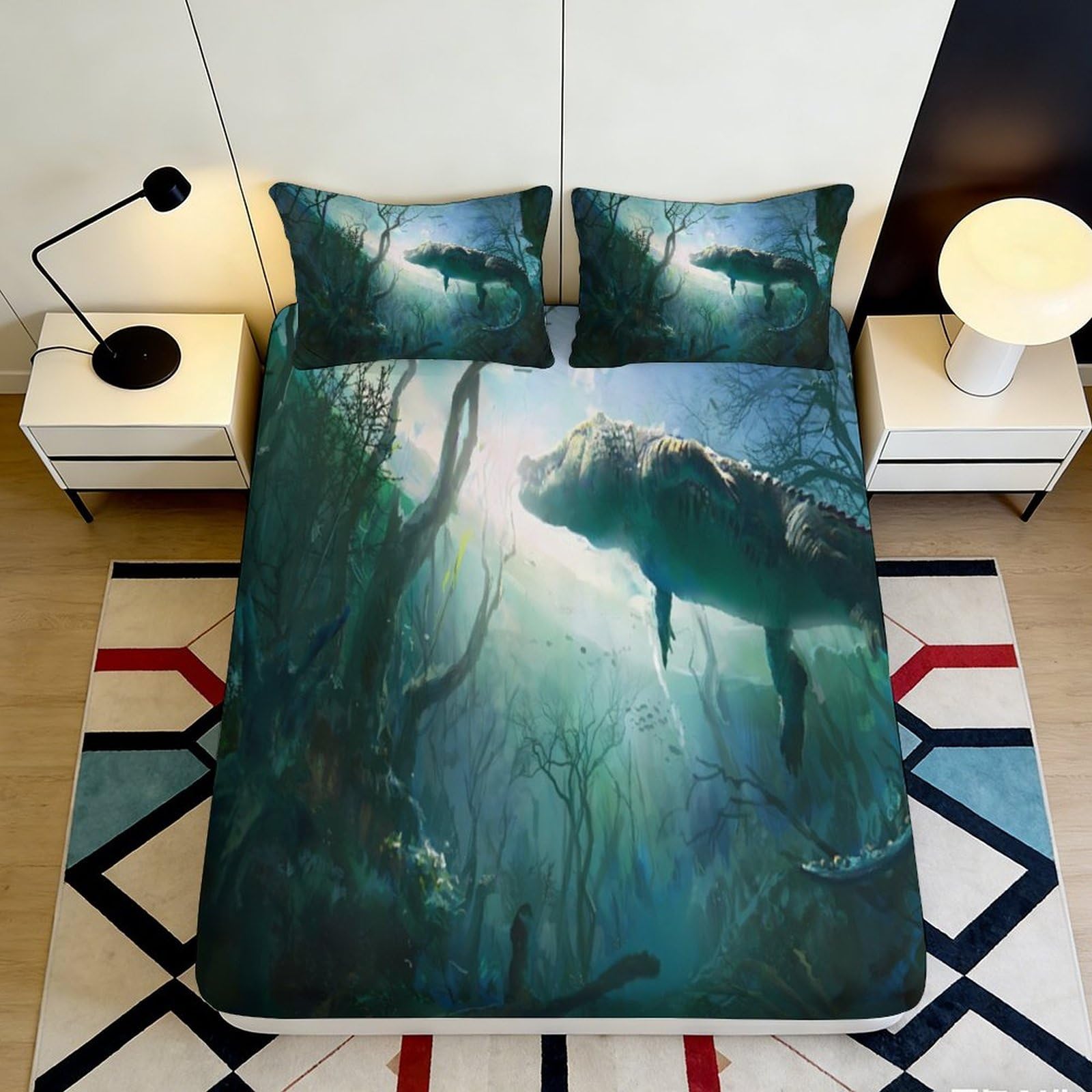 3D Printed Underwater Crocodile Fitted Sheet Microfiber Soft Breathable Forest Scene Bed Cover for Bedroom Dormitory Guest Room Mattress Protection 120x200x25cm