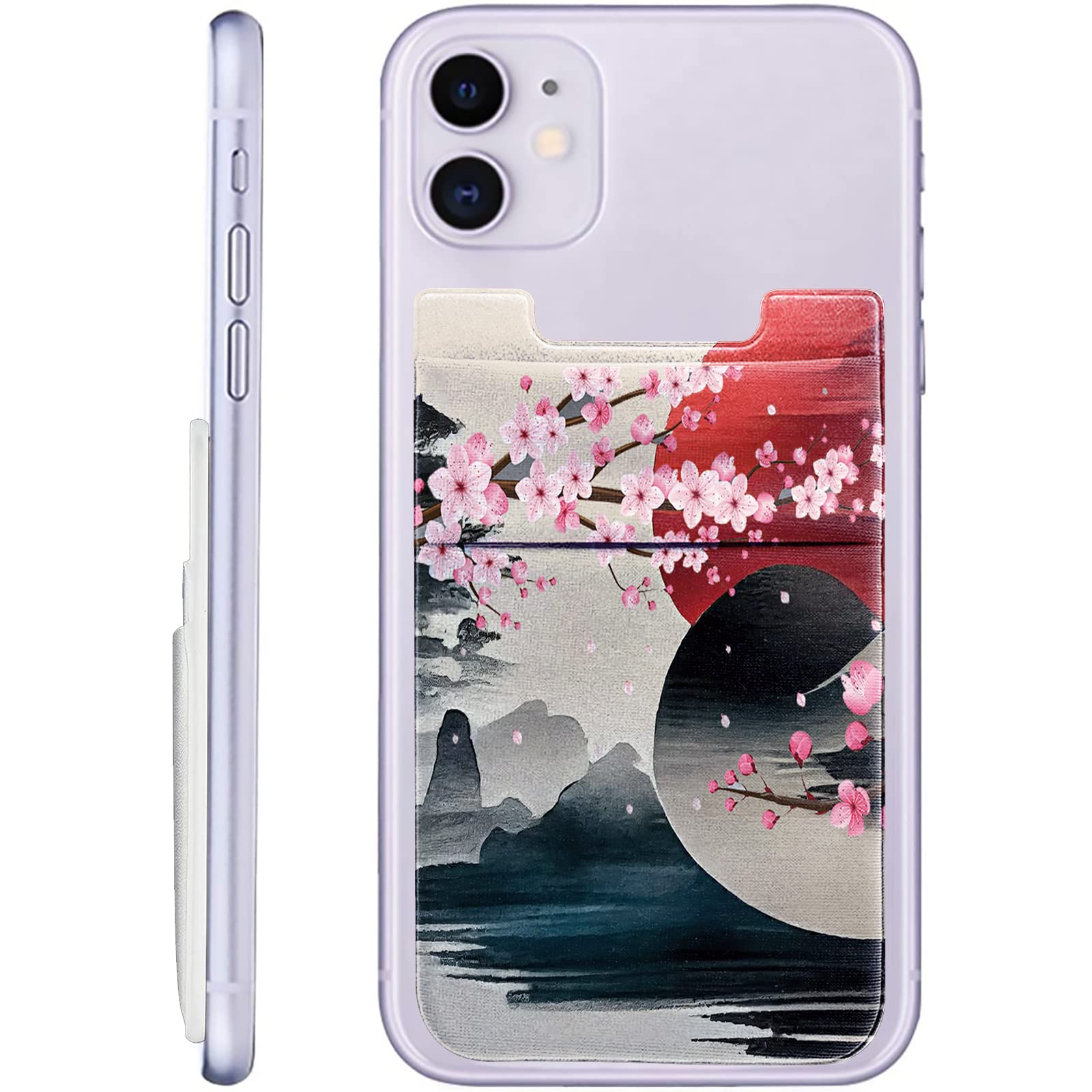 Stick On Cell Phone Wallet, Cherry Blossom Moon Stretchy Lycra Double Pocket Credit Card and Money Holder Adhesive Sticker Phone Pouch Sleeve for Back of iPad iPhone Android and All Smartphones