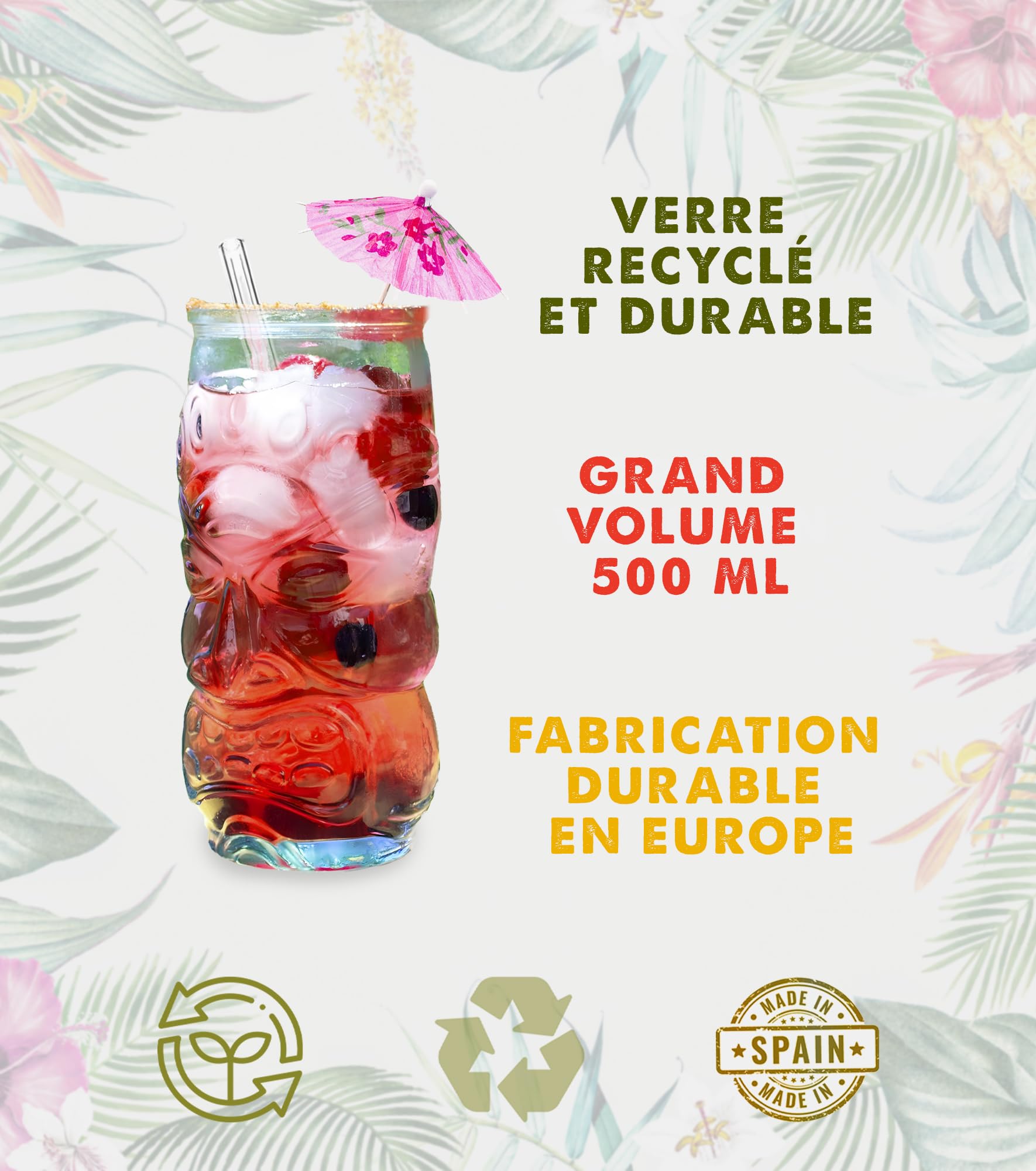 Verres Tiki pour Cocktails et Sangria - Gobelet Long en Verre Recyclé 500 ml - pour Boissons Froides, Bacardi, et Enfants