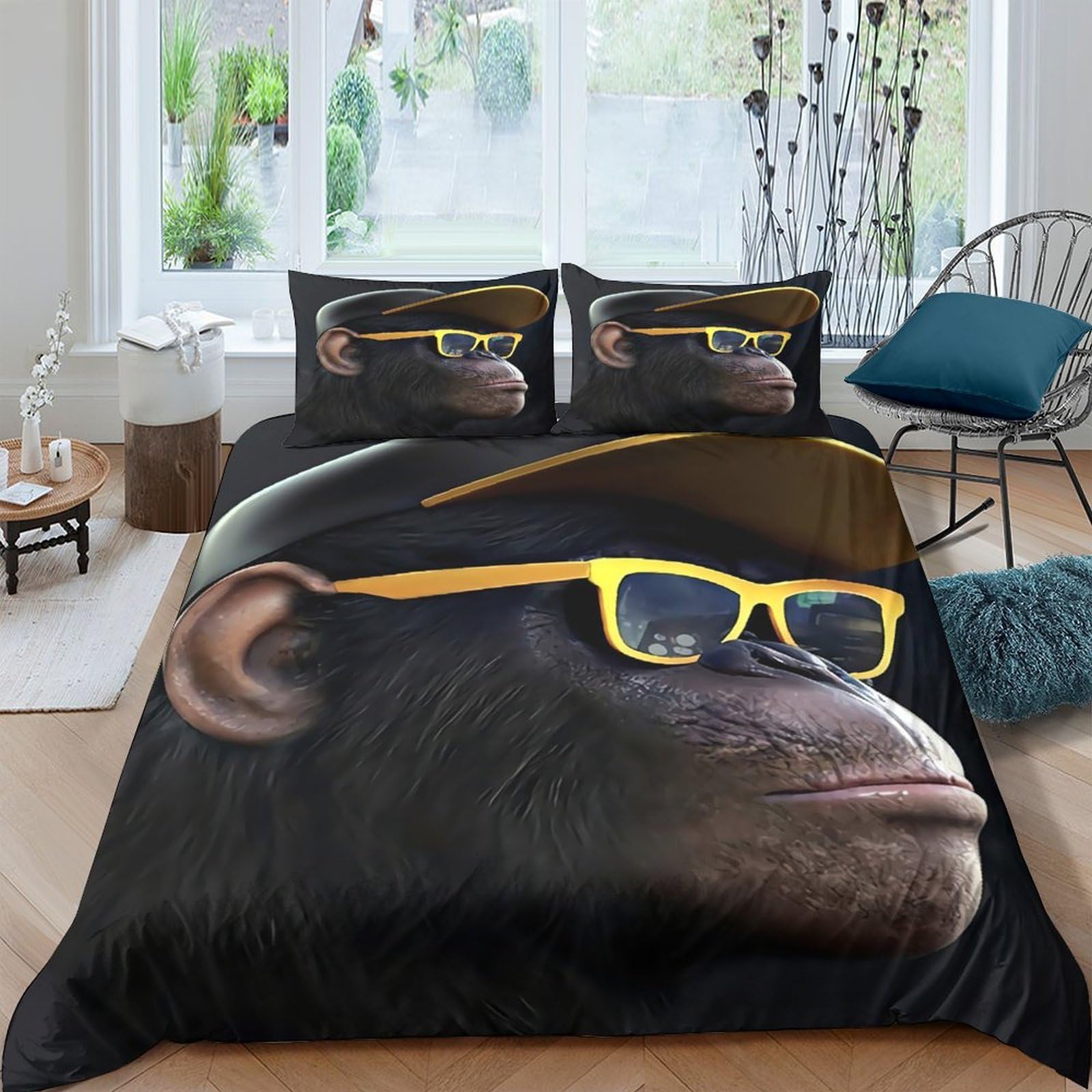 Ctjqhvkz Style-10 3D Printed Cool Monkey Sunglasses Fitted Sheet Microfiber Black Cartoon Bed Cover Non-Slip Machine Washable For Bedroom Dorm Single（135X200cm）