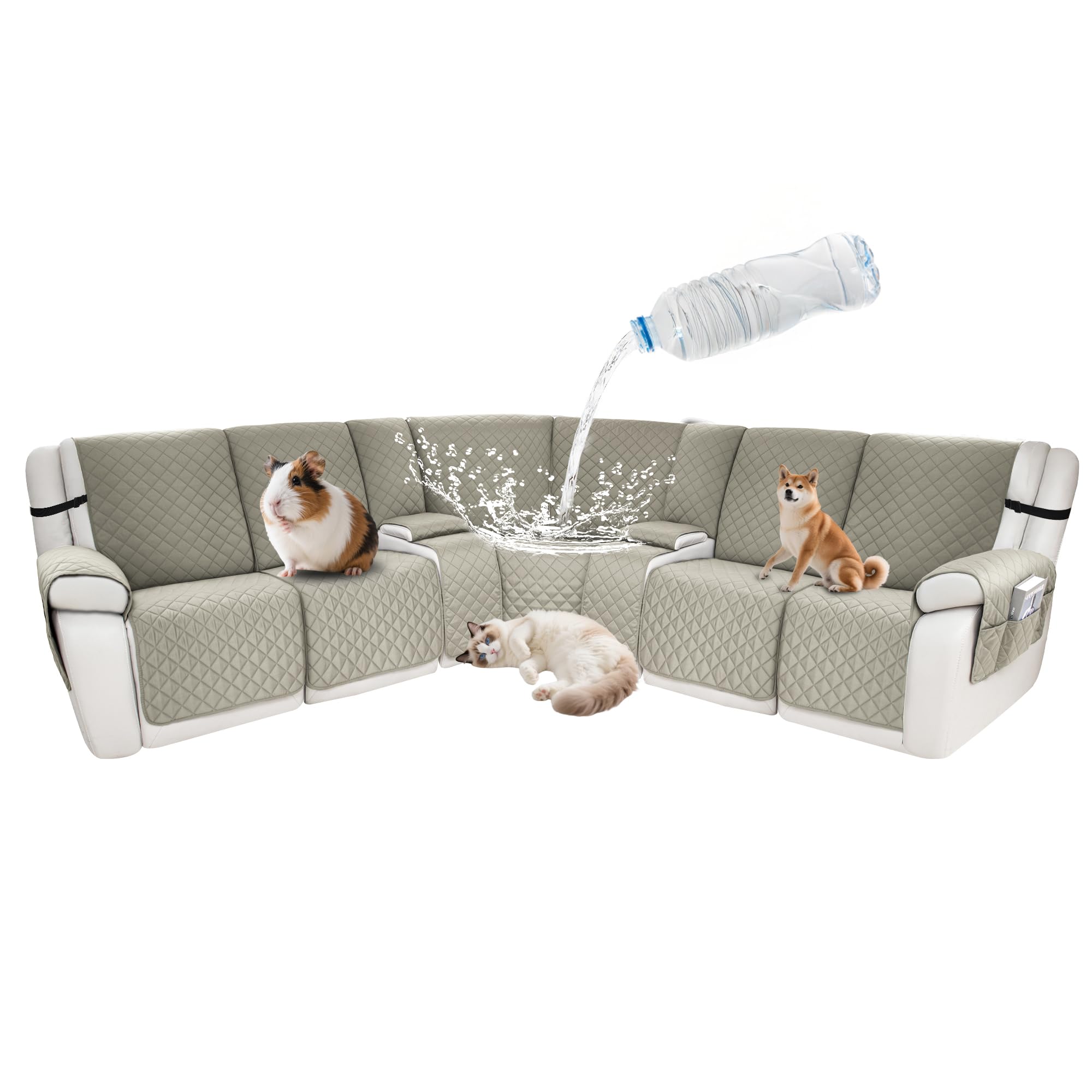Waterproof Sectional Reclining Couch Covers L Shaped Recliner Sectional Sofa Cover 9 Piece Non Slip Washable Corner Recliner Slipcover Set for Pet Dog (5 Seater 2 Console Cover, Linen Gray)