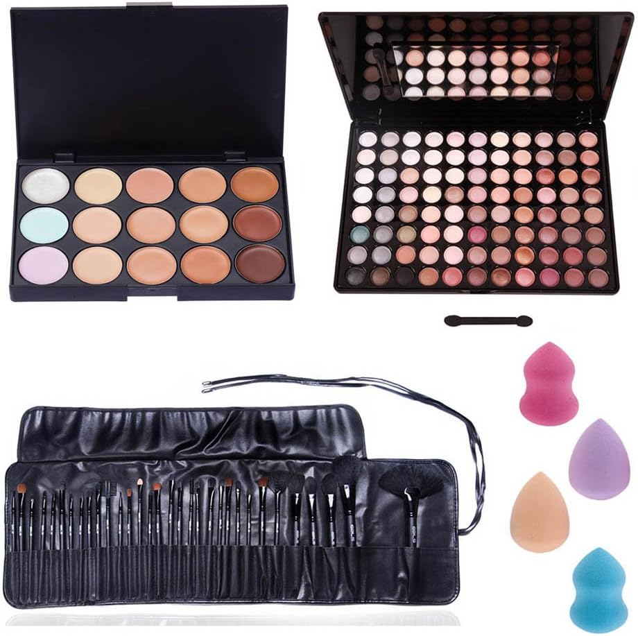 VAGA Professional Make Up Artists Set With Palettes of 15 Concealers Shades Tones, 88 Colors Eyeshadows / Eyes Shadows In Hard Cases, 32pcs Brushes And 4 Different Latex Free Sponges Applicators Blenders