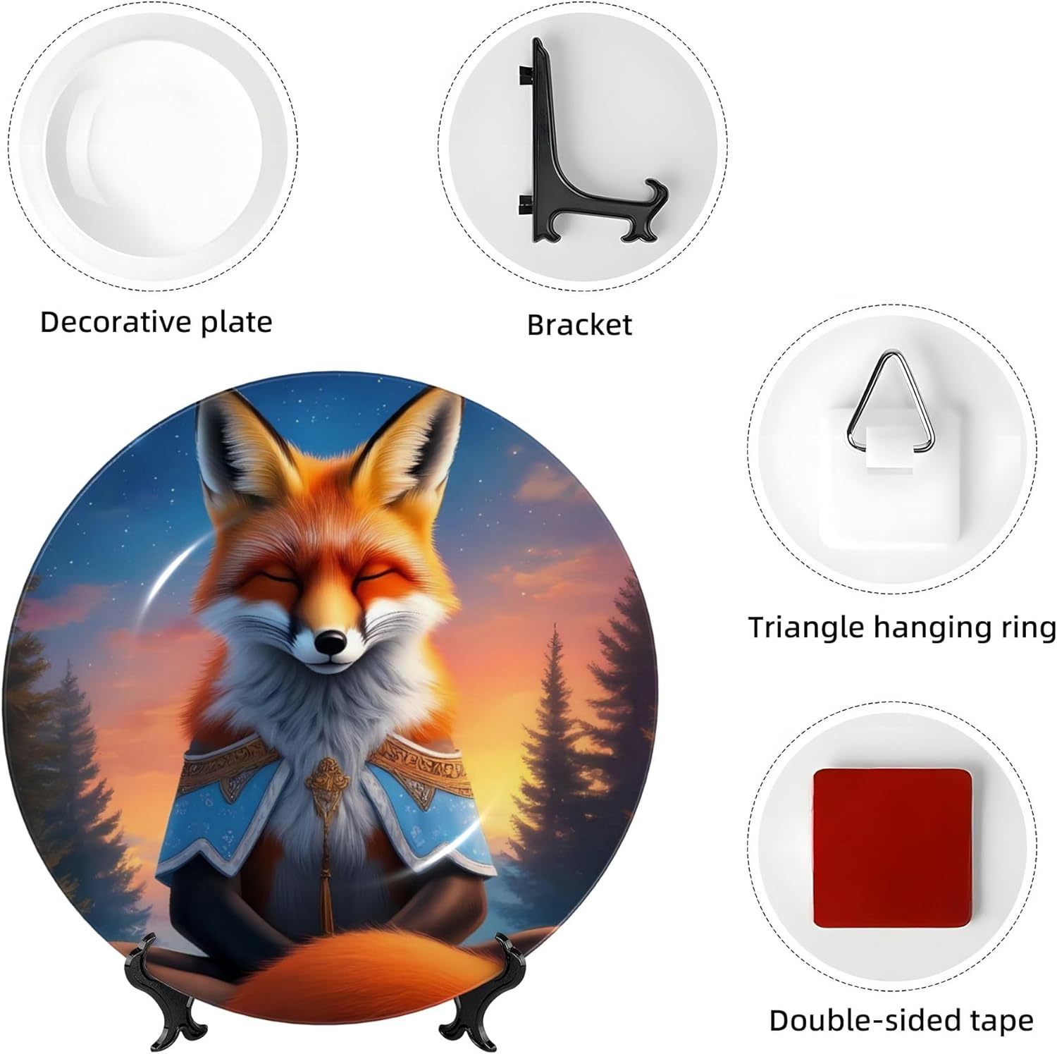 Decorative Plate Ceramic Plate for Wall Hanging 10in Accent Plate for Office Living Room Hallway Table Decor - Starry Sky Meditating Fox