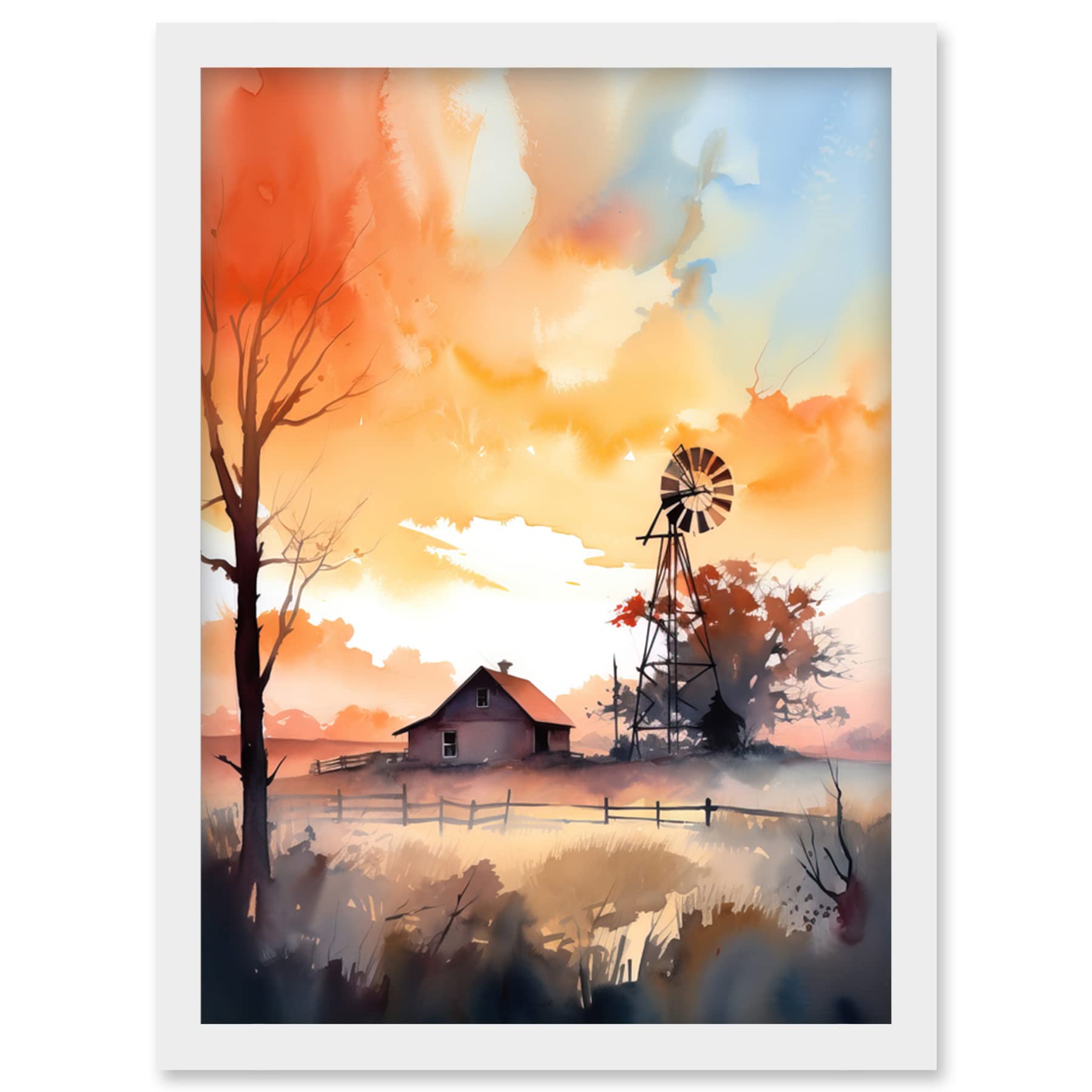 Framed Watercolour Painting Print - Sunrise Clouds over Countryside Farmhouse Cabin with Old Windmill Tower - A4