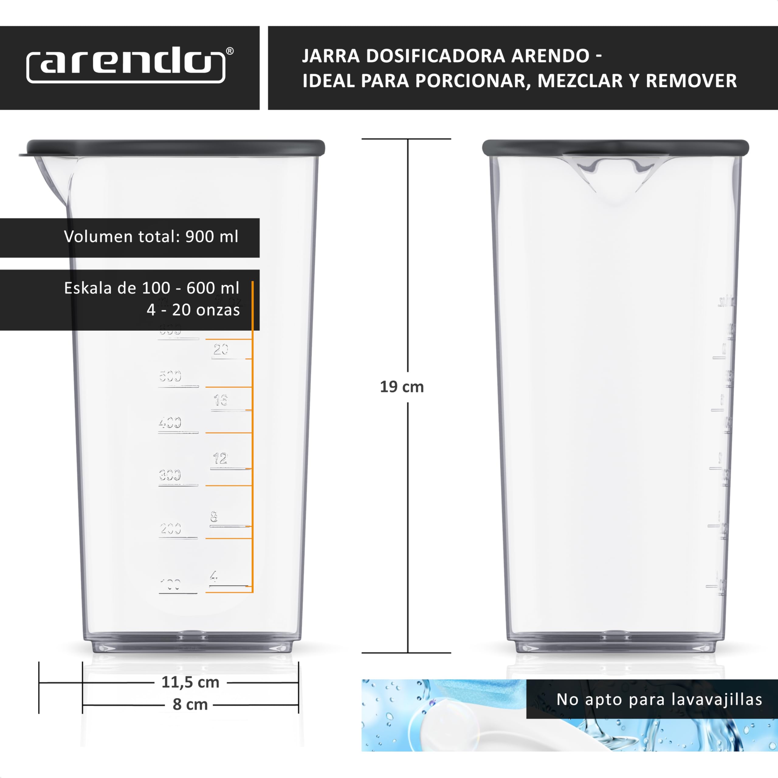arendo - Jarra dosificadora de plástico 600 ml y 20 onzas - Jarra dosificadora Transparente - Ideal para Batidoras Eléctricas y de Mano.