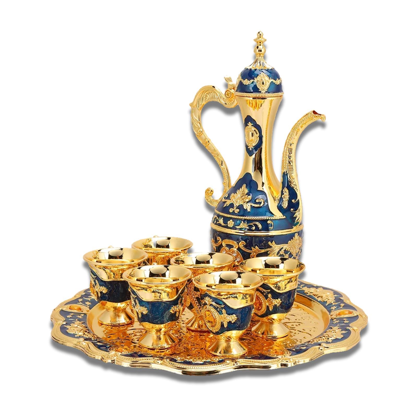 Vintage Turkish Coffee Pot Set with 6 Cups Turkish Coffee Pot Tea Set for Tea Zinc Alloy Metal Teapot Cup Set with Tray for Home Bar Tea Party Wedding