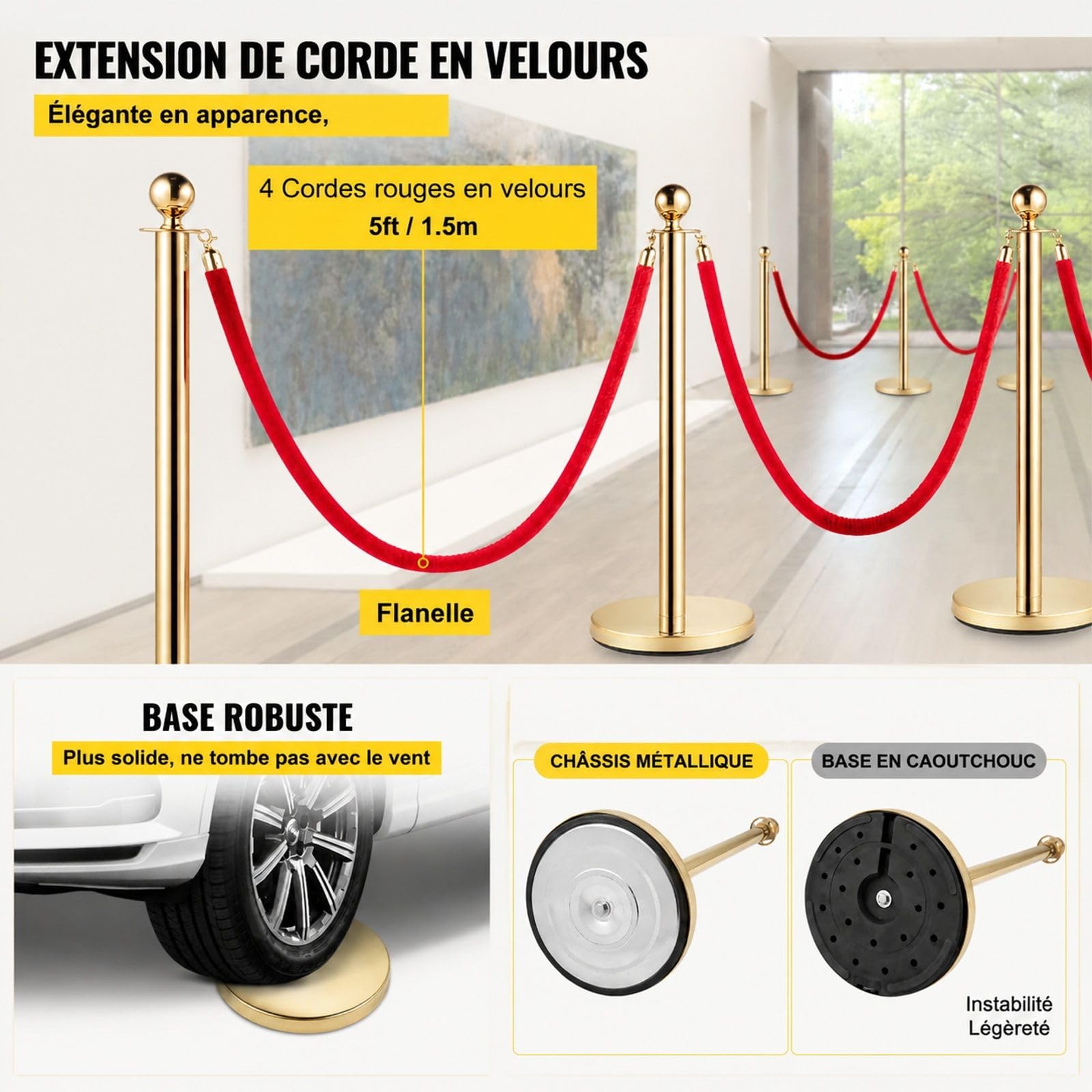 8 poteaux de guidage dorés avec corde en velours rouge