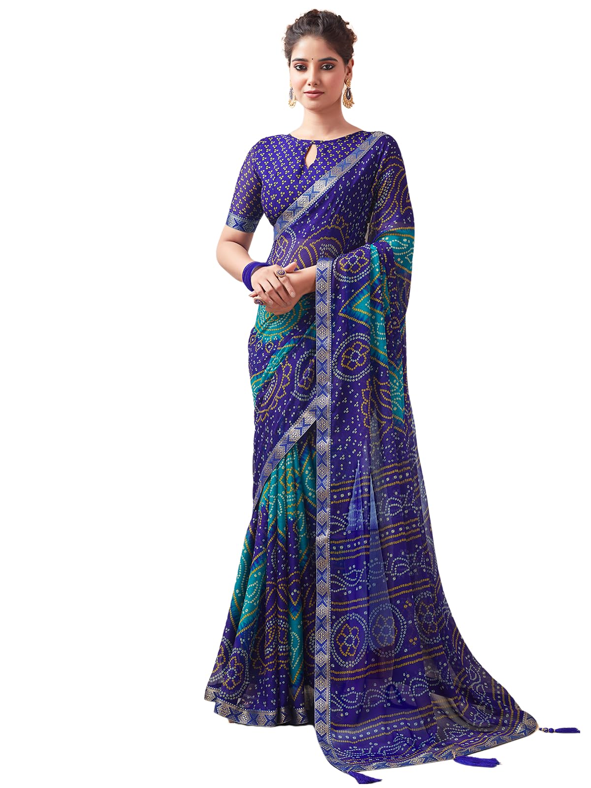 SAMAHWomen's Bandhani Printed | Leheriya Printed Chiffon Saree with Unstitched Blouse Piece