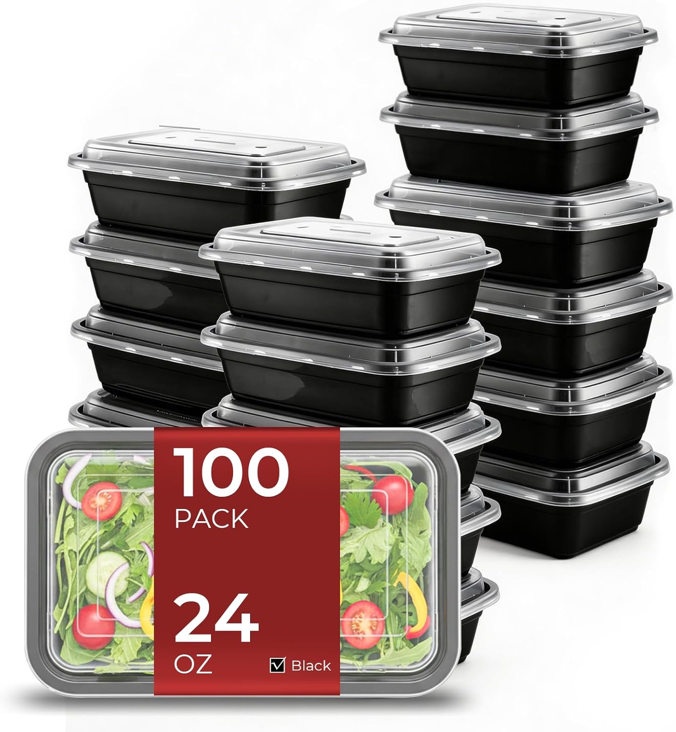 100 Pcs 24oz Black Meal Prep Containers with Lid Food Storage Containers with Lids Durable To-Go Snack Containers for Meal Prep, Freezer & Dishwasher Safe