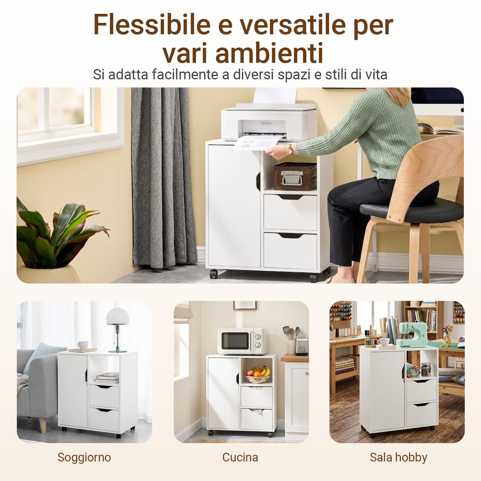 SoBuy Cassettiera da Scrivania Ufficio su Ruote Cassettiera Ufficio con 2 Cassetti, 1 Anta e 1 Ripiano Aperto Carrello Tavolino Comodino Piccolo Comodino Bianco L60xP35xA70cm FBT105-W