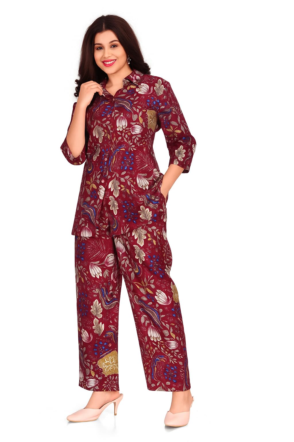 freedom lady wear Women's Floral Printed Co-Ord Set – Roman Silk Loungewear with Long Sleeve Top & Wide-Leg Pants-picture-47